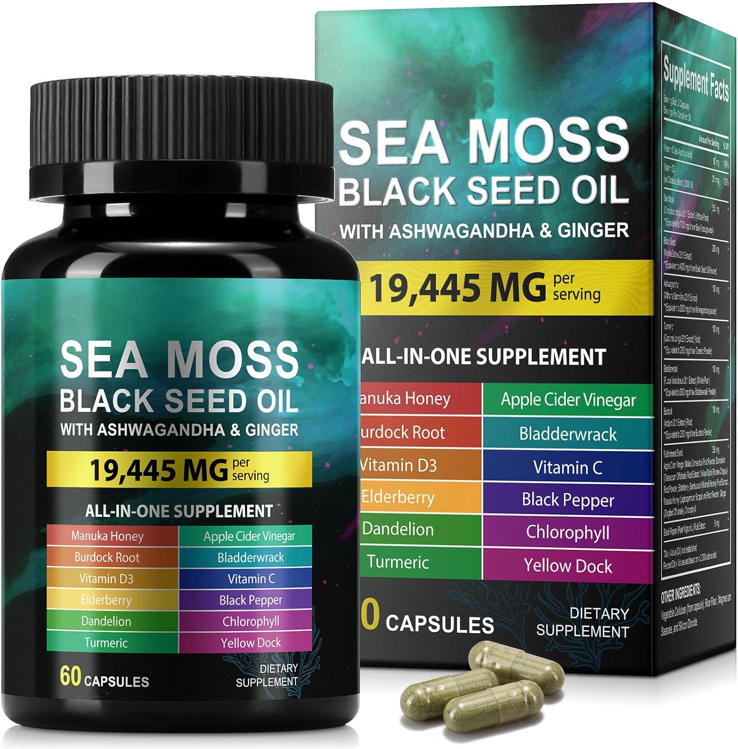 Sea Moss Black Seed Oil Ashwagandha Ginger, Sea Moss Capsule Supplement with Turmeric Burdock Root Bladderwrack Vitamin C Vitamin D3 Enhanced Immunity & Energy Black Seed Oil Capsule 60 Count Sea Moss Black Seed Oil Ashwagandha Ginger, Sea Moss Capsule Supplement with Turmeric Burdock Root Bladderwrack Vitamin C Vitamin D3 Enhanced Immunity & Energy Black Seed Oil Capsule 60 Count