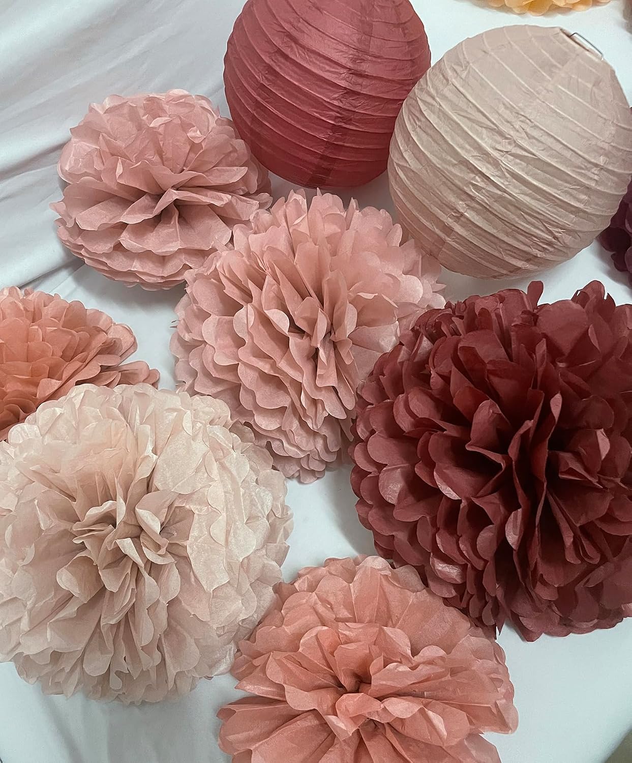 Hanging Party Decorations - Tissue Paper pom poms and Lanterns Backdrop Decor for Engagement Wedding Birthday Bridal Shower Bachelorette Supplies for Women (Burgundy and Dusty Pink)