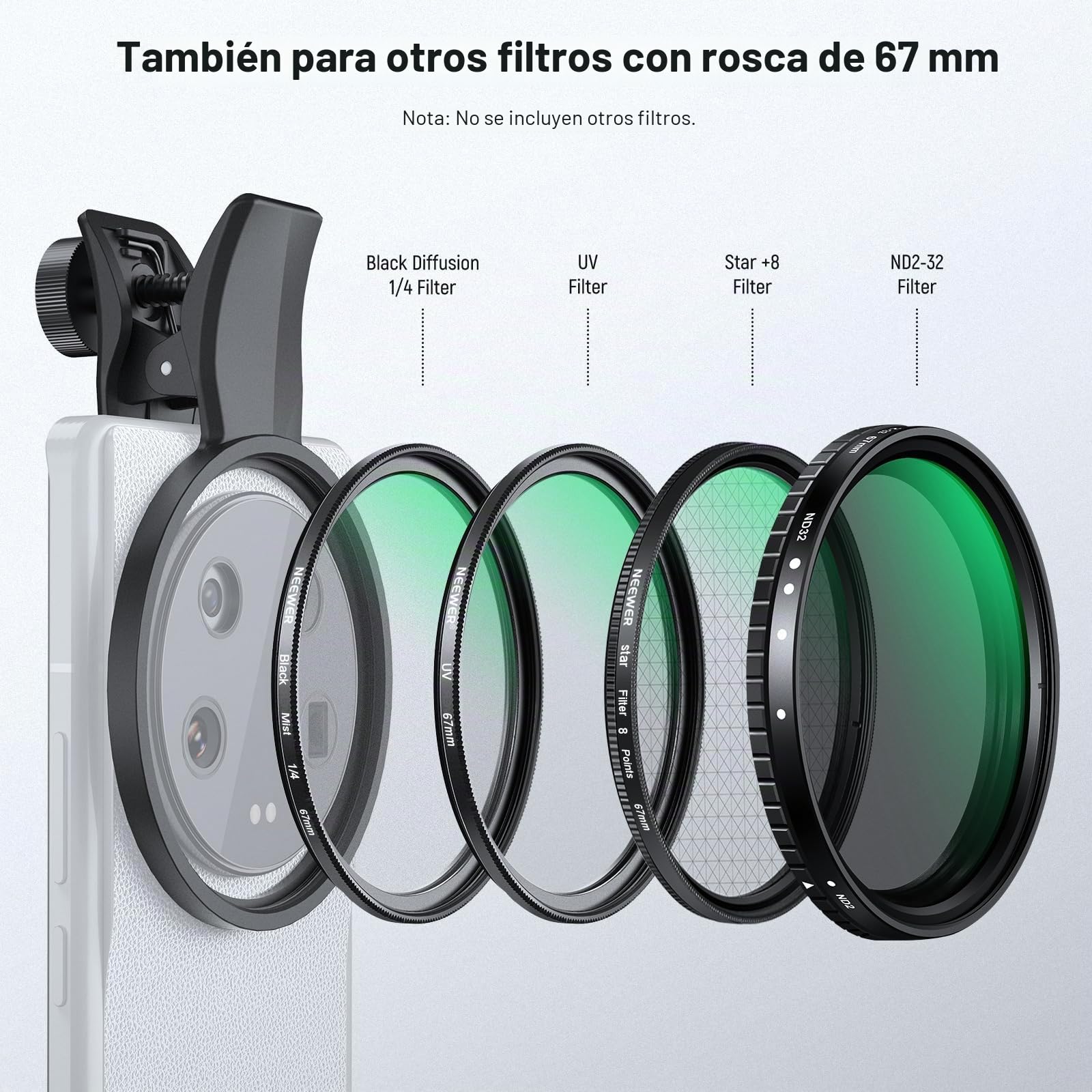 NEEWER Juego de 7 67mm Filtros ND, Compatible con Android Samsung Google Pixel Huawei Xiaomi Clip On CPL+ ND32 + Starlight + GND(Rojo/Naranja/Amarillo/Azul), Kit Accesorios Foto Lentes Cámara, FL-P11