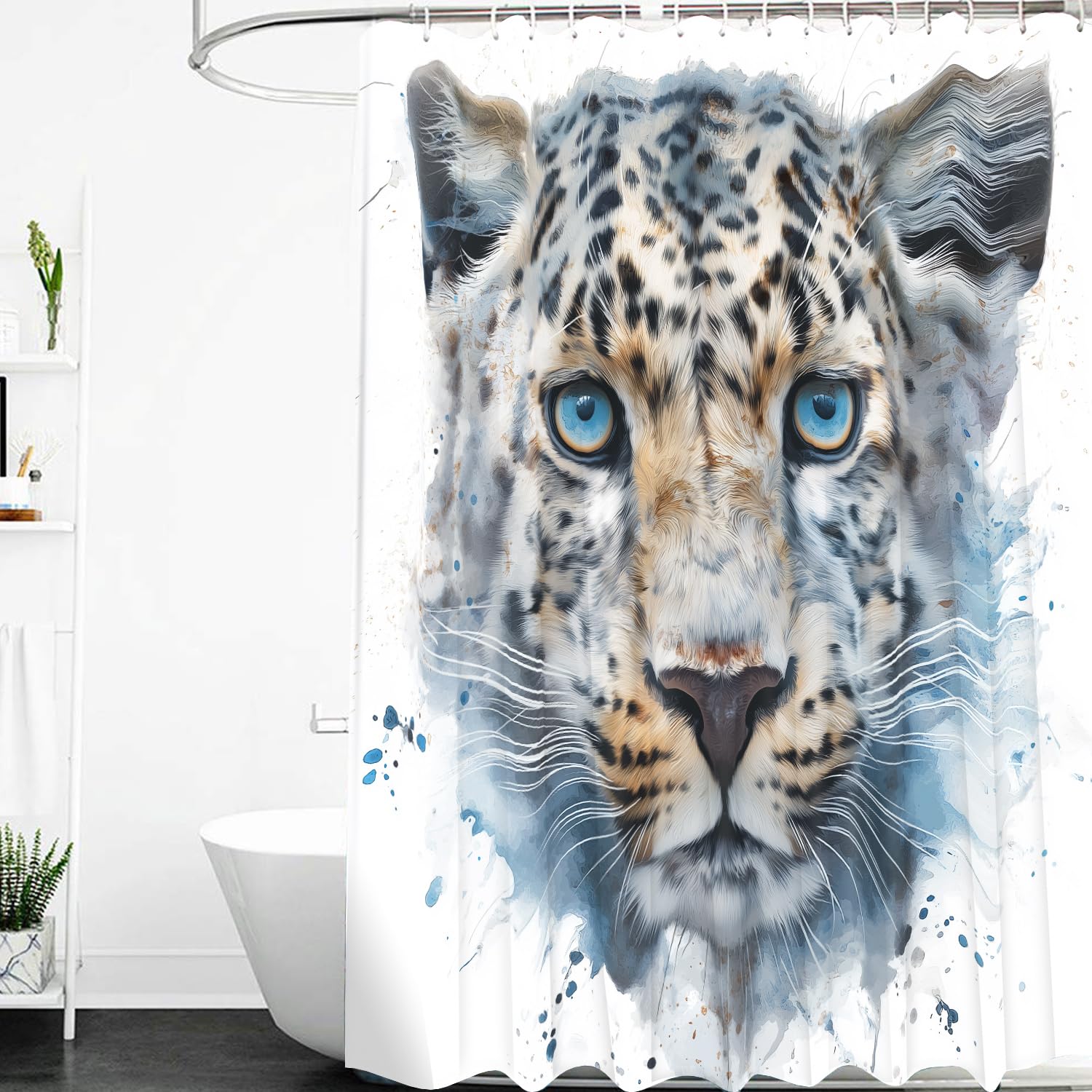 Duschvorhang 200x200 mit Aquarell Geparden, 3D Wildlife-Leoparden, Badezimmervorhang, Schlicht, Weiß, Wasserdicht, Polyestergewebe für Nassraum Badezimmerdekor mit Haken, B200 x H200 cm (1Er Pack)