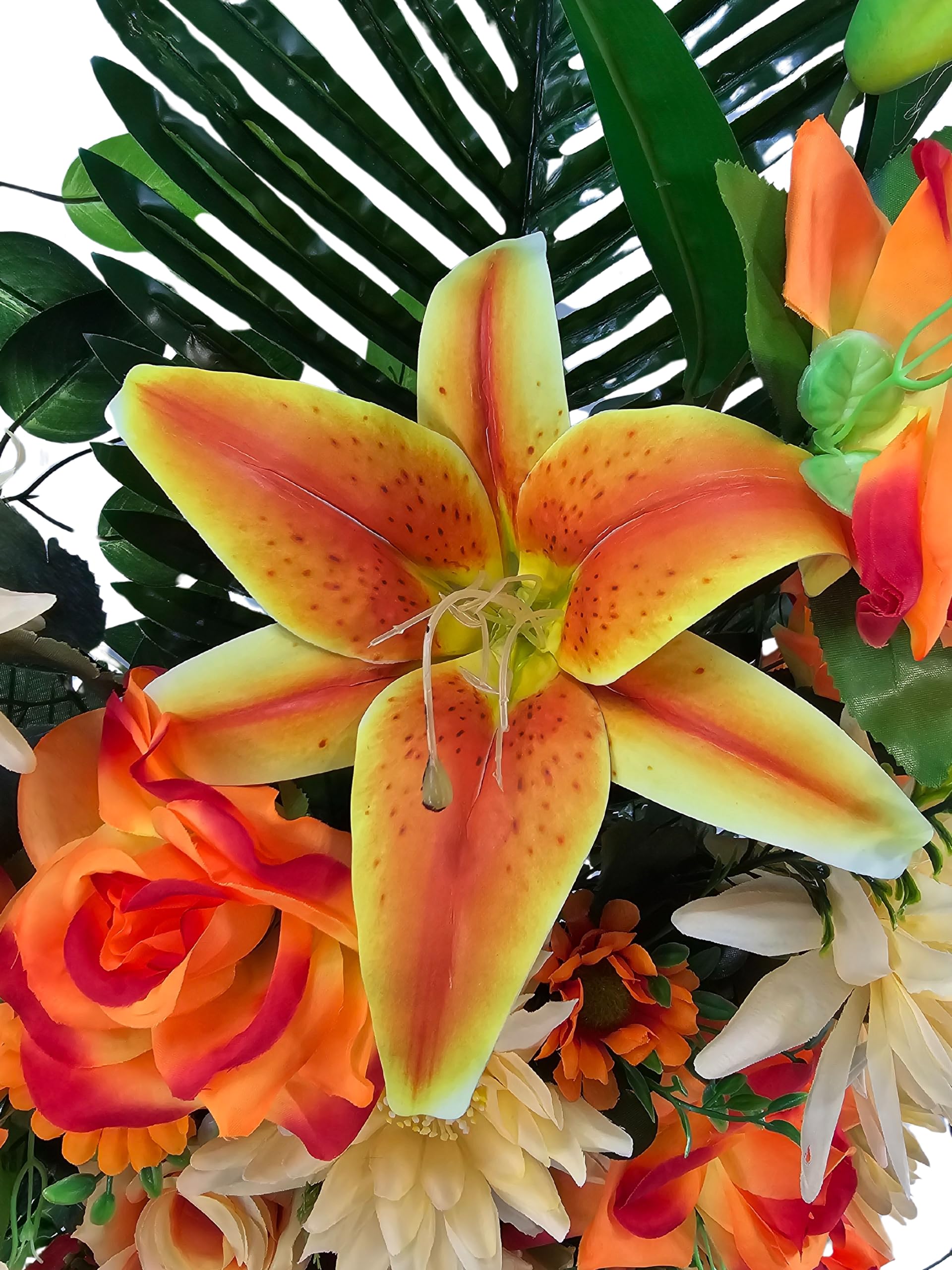 Centro de Flores Artificiales Cementerio, Iglesia Bodas sepulturas Naranja con liliums, Rosas, dalias y Margaritas 74x26x70 cm