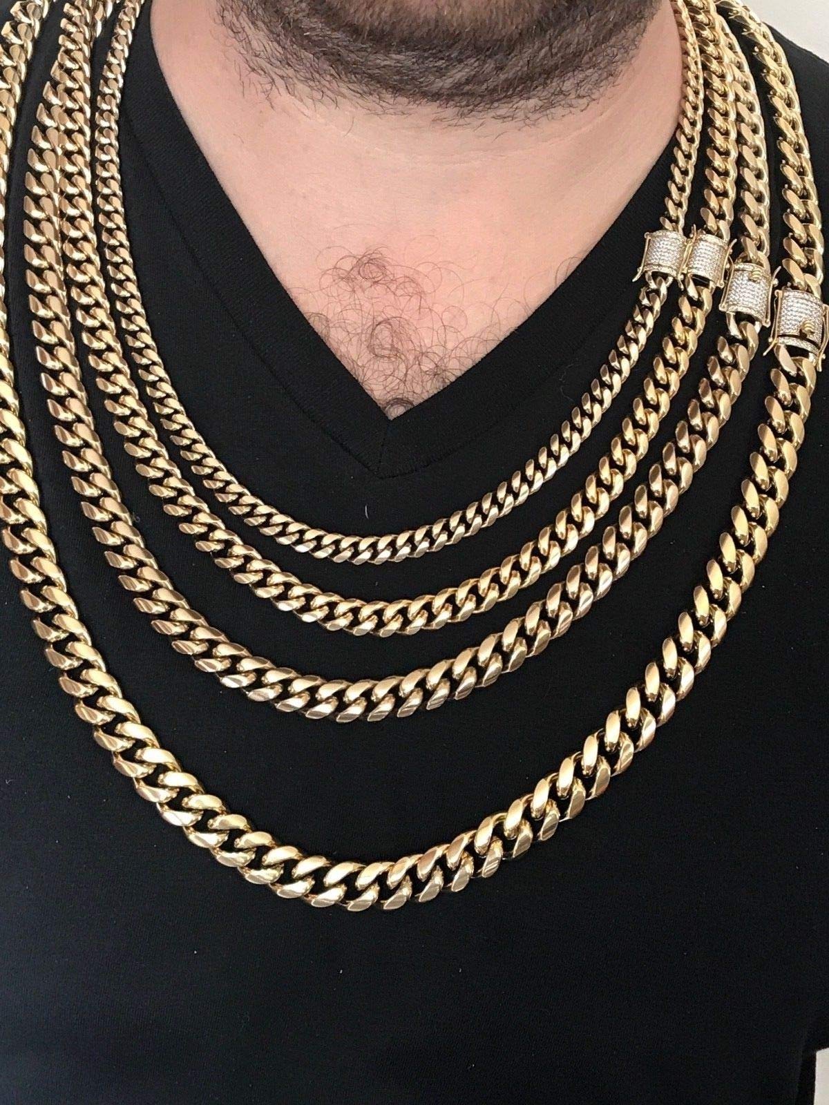 TTDGYYXW Miami-Gliederkette für Herren – Iced-Diamant-Verschluss – Schwere Iced-Herrenkette 18–30 Zoll – 14-karätiges 18-karätiges Gelbgold über Edelstahl
