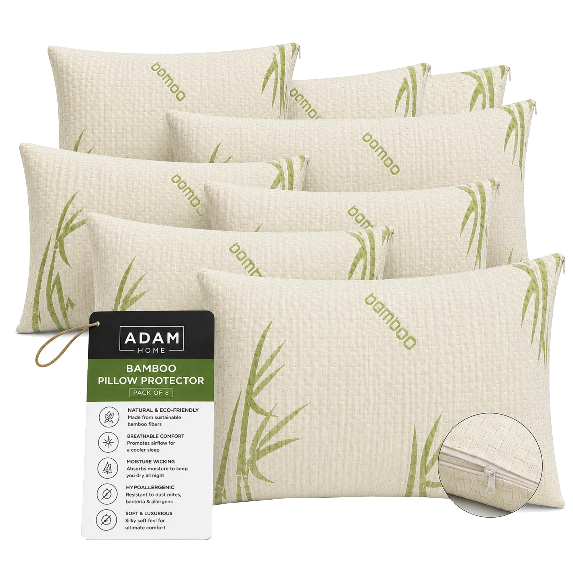 Adam Home Bamboo Pillow Protectors 8 Pack (50 x 75 CM) - Natural Bamboo Zippered Pillow Cases – Durable, Breathable & Comfortable