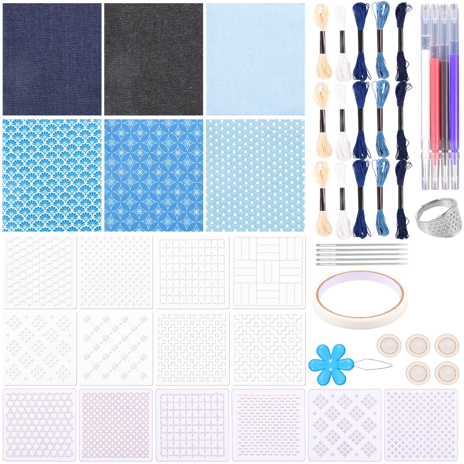 Jokapy Sashiko Kit with Sashiko Thread and Needles Thimble Fabric Finger Cots for Beginner Hand Quilting and Mending Sewing Supplly(Multicolor,SM003)