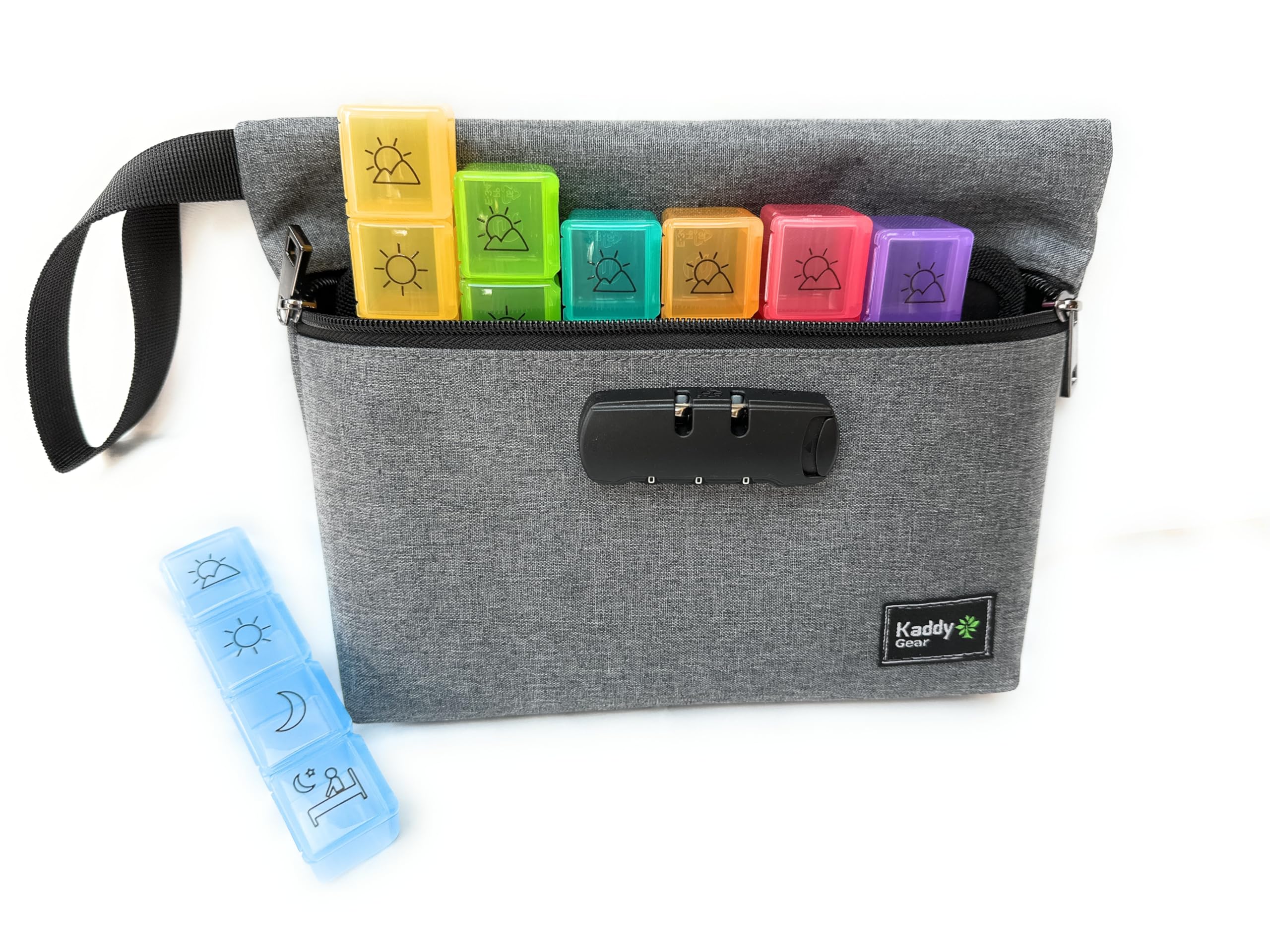 Kaddy Caja organizadora semanal para pastillas AM/PM, (7 días/4 veces al día) portátil con compartimentos grandes para medicamentos, suplementos y vitaminas, bloqueo de 3 dígitos para seguridad