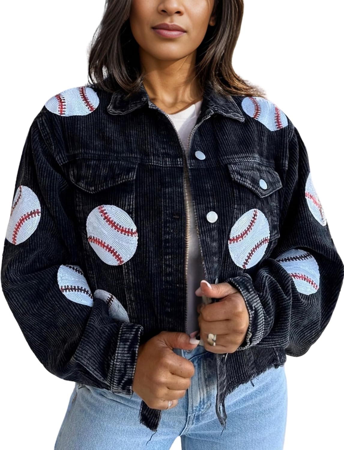 Xunger Women’s Cropped Corduroy Jackets Baseball Sequin Patched Raw Hem Short Button Down Jacket Coat