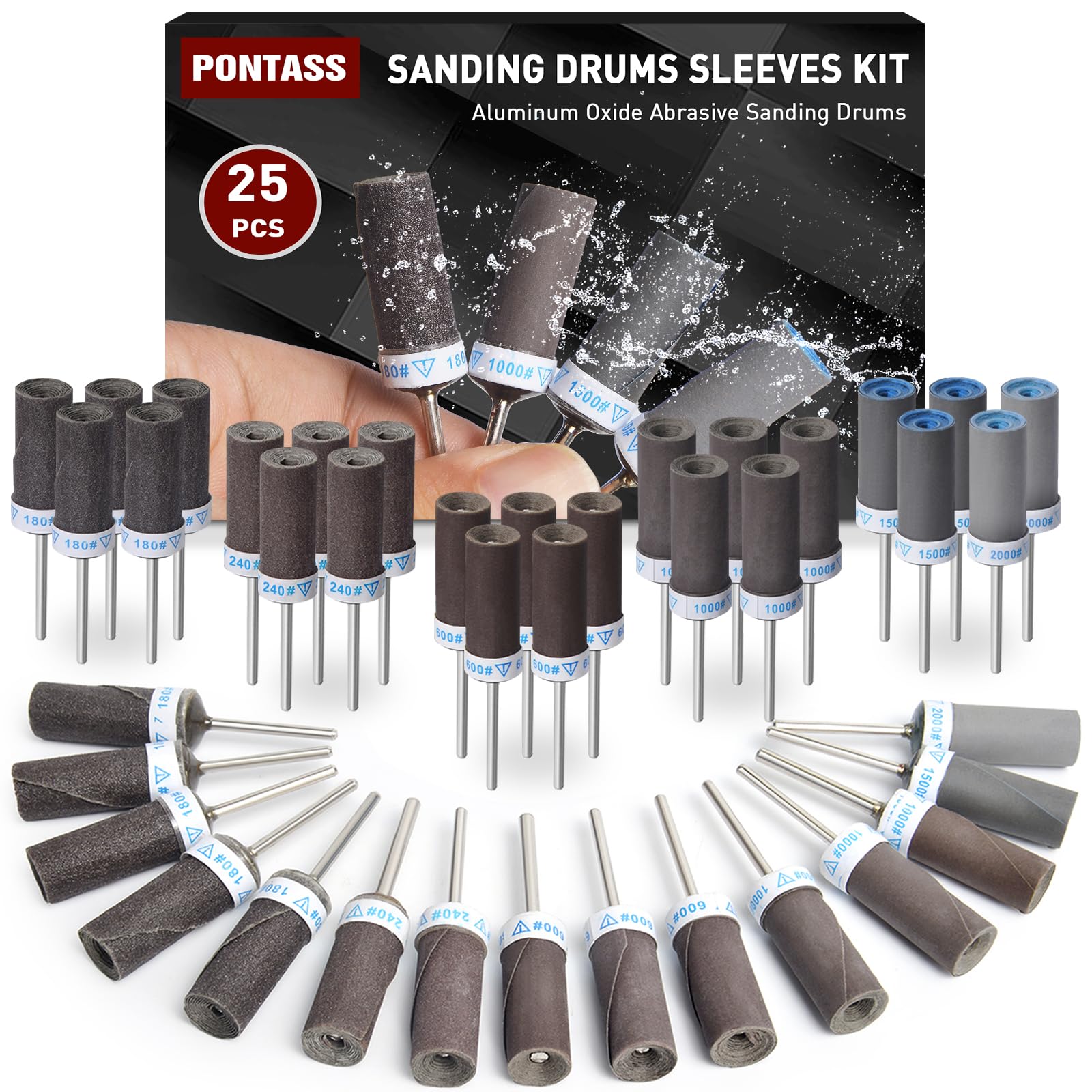 25Pcs Sanding Drums Sandpaper Sticks Set with 1/8"(3mm) Shank for Dremel Rotary Tool, 180/240/600/1000/1500/2000 Grits Different Meet More Needs for