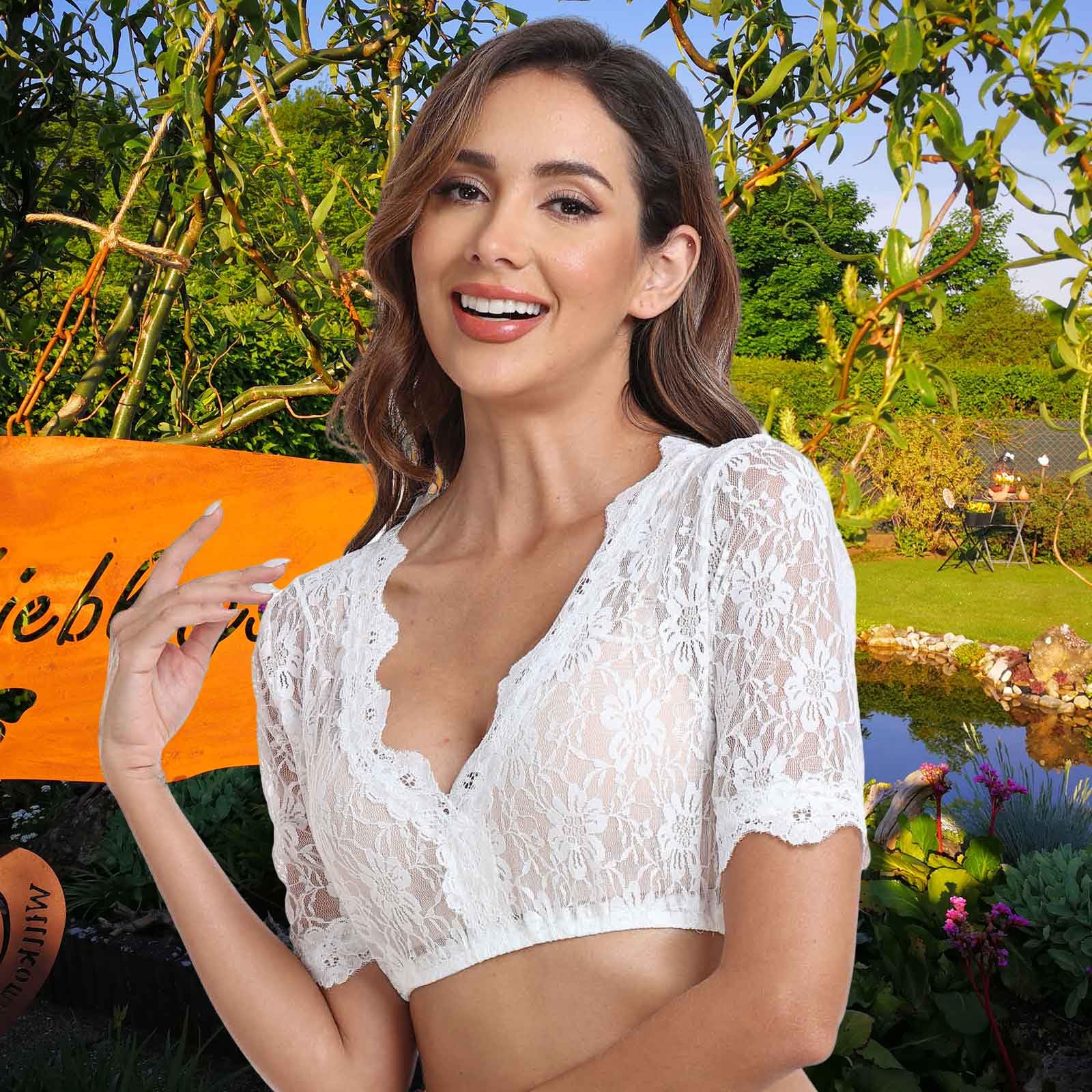 Jecarden Trachten Damen Dirndlbluse Spitze - Weiß Dirndlbluse Kurzarm Oktoberfest Dirndlblusen Halbarm Tracht Bluse