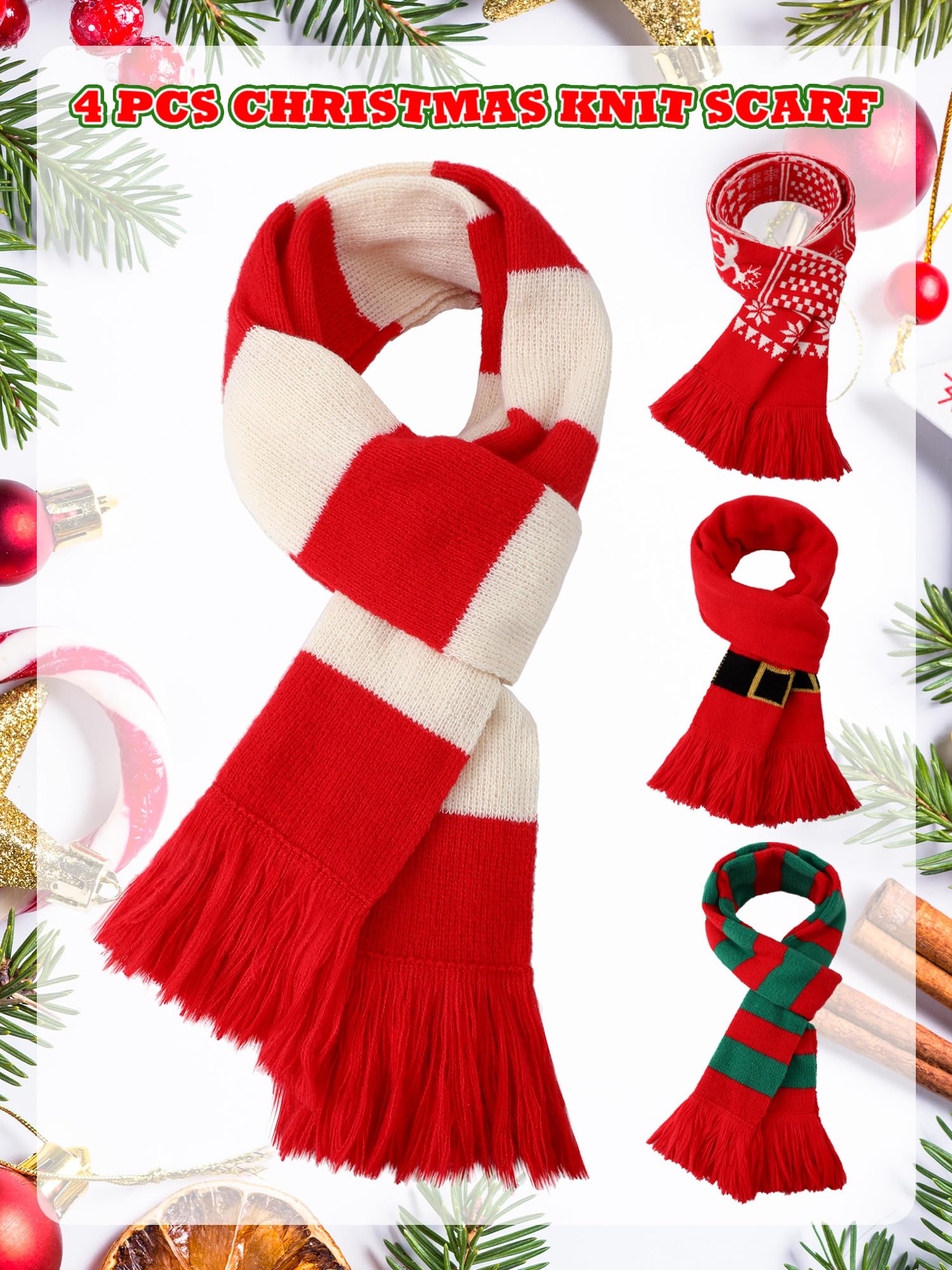 4 bufandas de Navidad unisex con tema de Navidad, bufanda de punto de invierno, bufanda larga cálida con borlas, 71 pulgadas, Como se muestra en las imágenes. 2