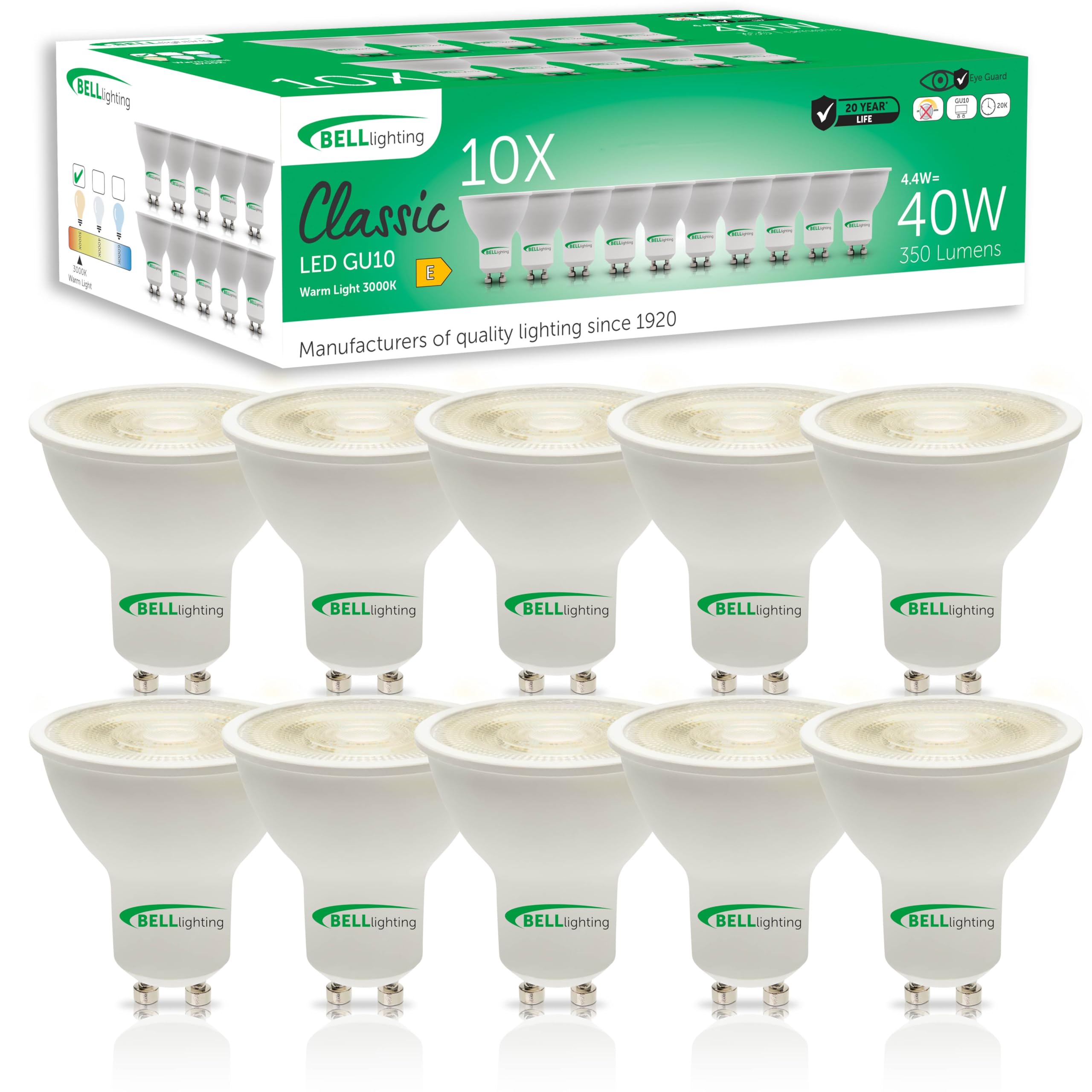BELL Lighting 10 Pack GU10 LED Spotlight Bulbs Warm White 3000K Energy Saving Light Bulbs 350lm 4.4W 38 Degree Beam Non Dimmable for Ceiling Spots Kitchen Downlights Bathroom Recessed Fittings