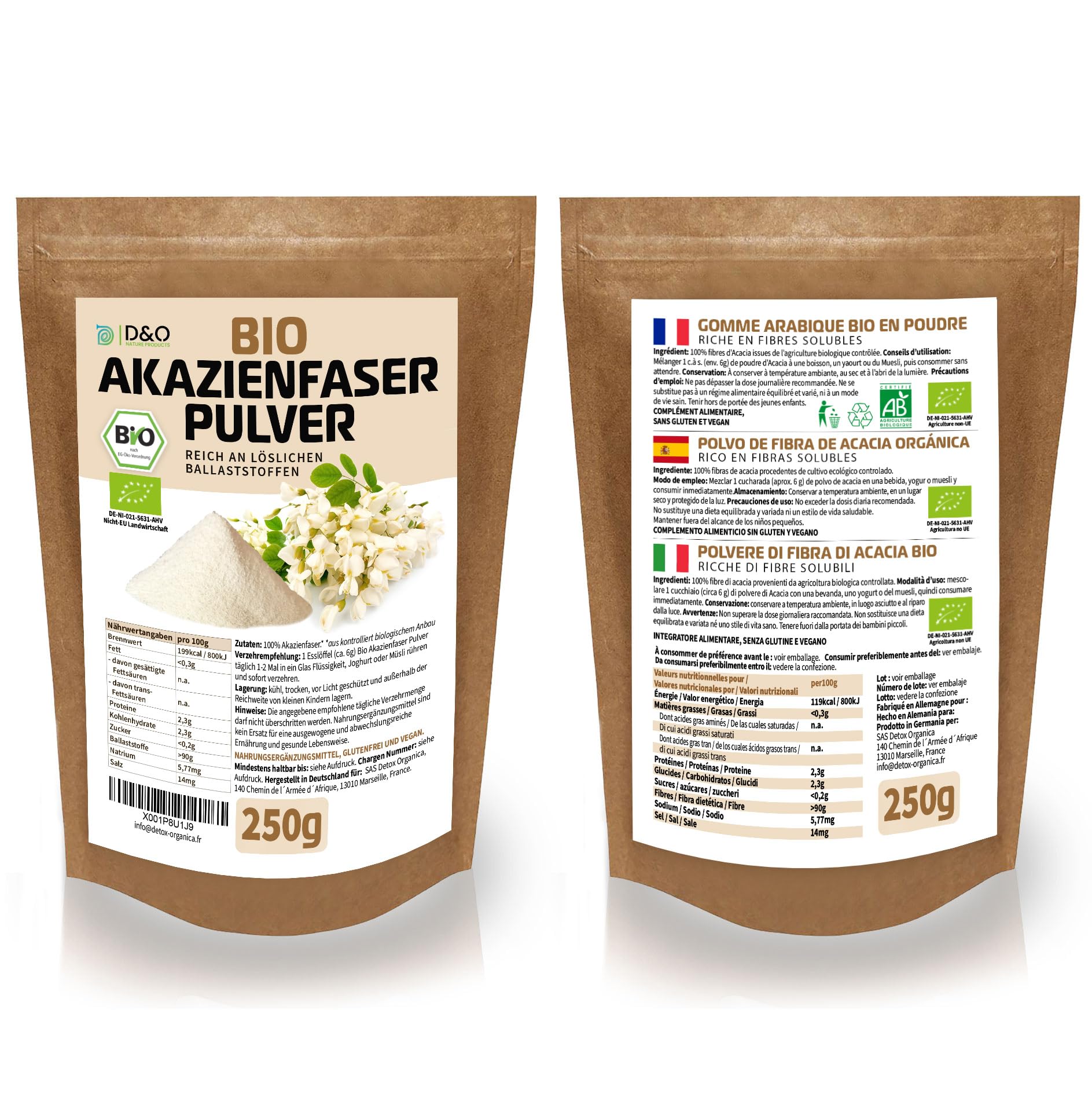 DETOX ORGANICA Gomme Arabique - 250g Fibres alimentaire d'acacia Bio | Poudre gomme arabique naturelle - Végétalien et bien toléré - Poudre de qualité premium