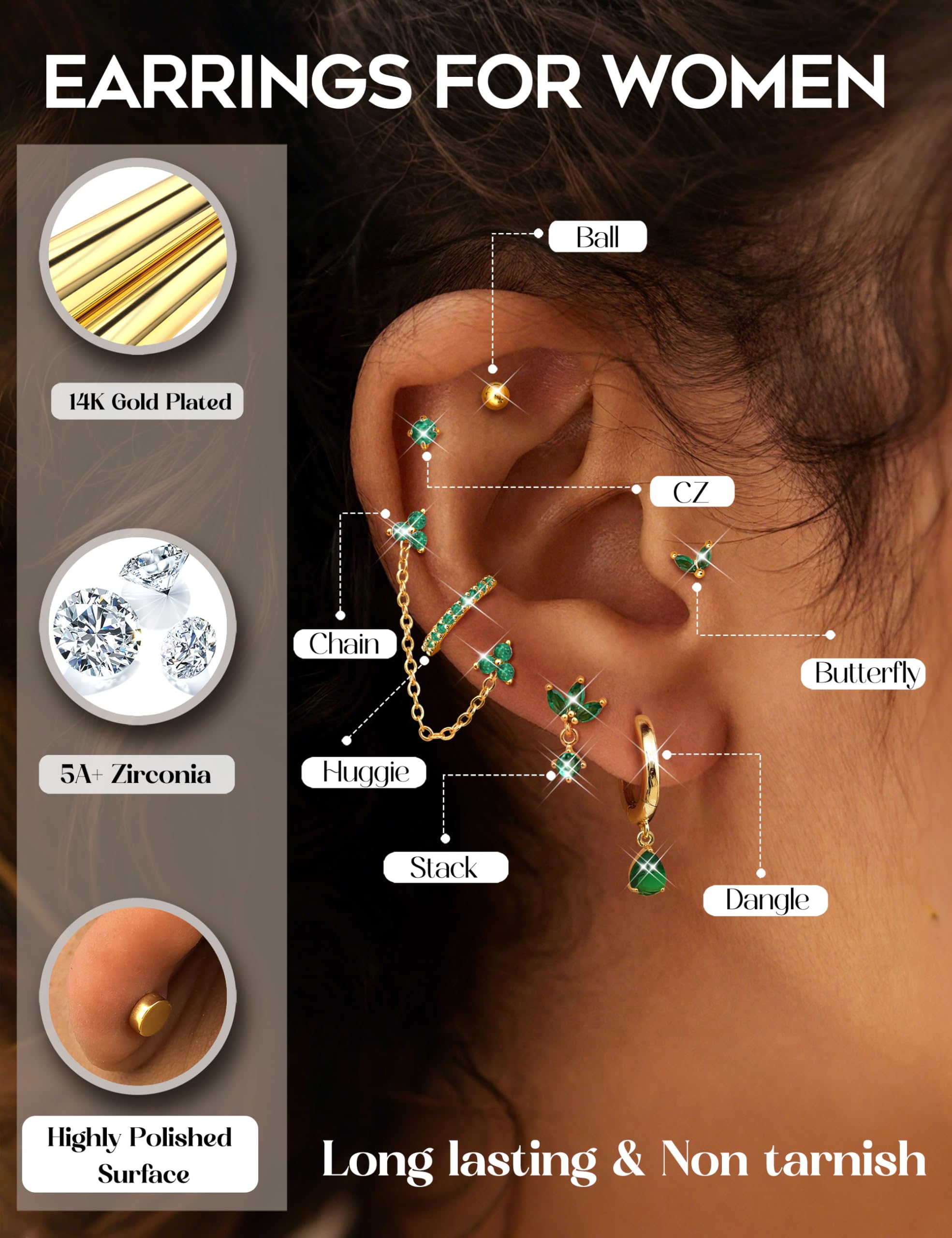 13 szt. Zestaw złotych kolczyków do wielu kolczyków dla kobiet Płaski tył Pozłacane 14K srebrnym chrząstki Helix Mały wkręt Hoop Huggie Zielone kolczyki CZ ze stali nierdzewnej