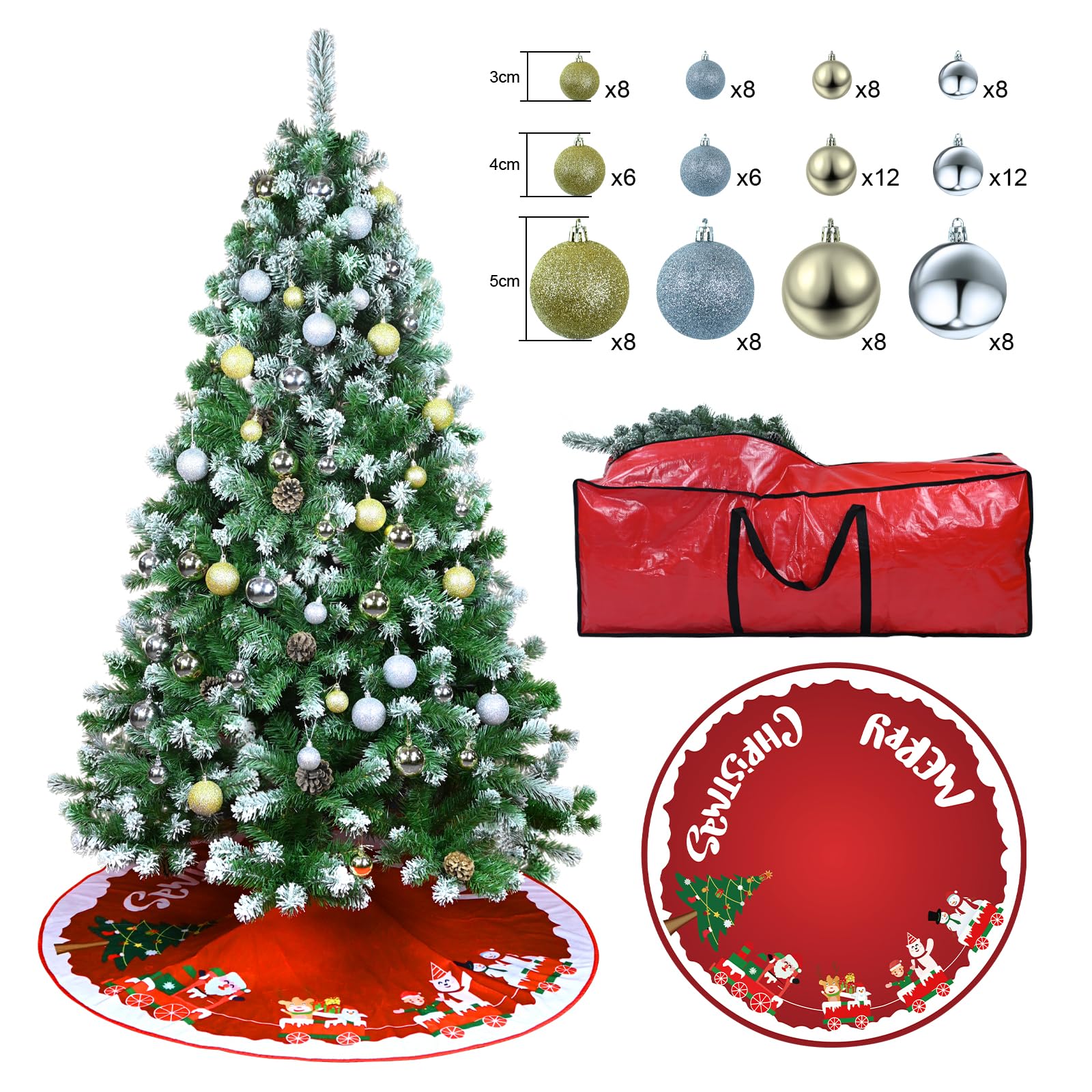 7ft Snow Flocked Artificial Christmas Tree Holiday Christmas Pine Tree Flocked Hinged Xmas Tree with 100 Balls, Tree Skirts, Storage Bag Flocked Tree with 1075 Branch Tips, Metal Hinges & Base