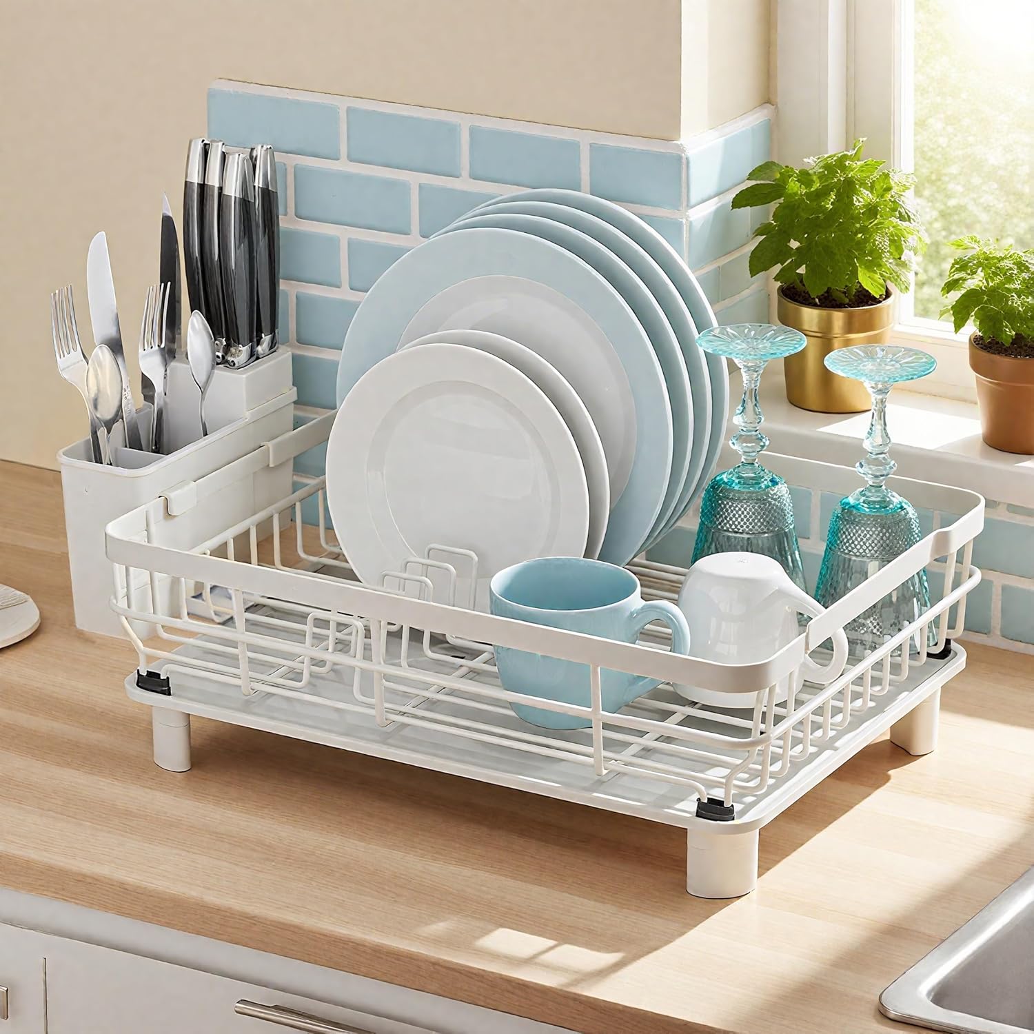 moukabal dish drying rack, dish rack, large dish racks for kitchen counter, drying rack kitchen with removable utensil holder, drainboard 16.9" x 12.9" x 5.9"(white) k-white