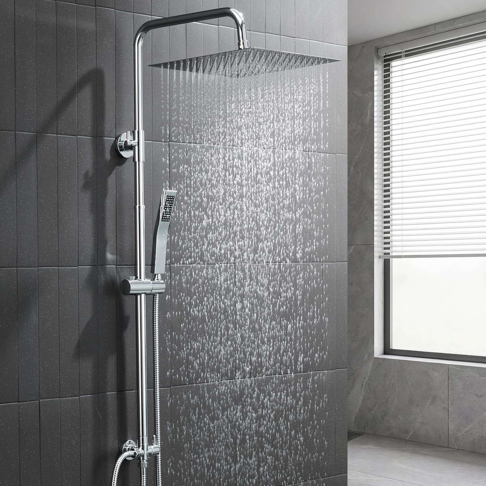 Auralum Colonna Doccia senza Miscelatore, Colonna Doccia Acciaio Inox con Saliscendi Doccia Altezza Regolabile 72-110cm, Asta Doccia con Soffione e Doccetta, Doccia Soffione con Doccetta Cromo 25x25cm