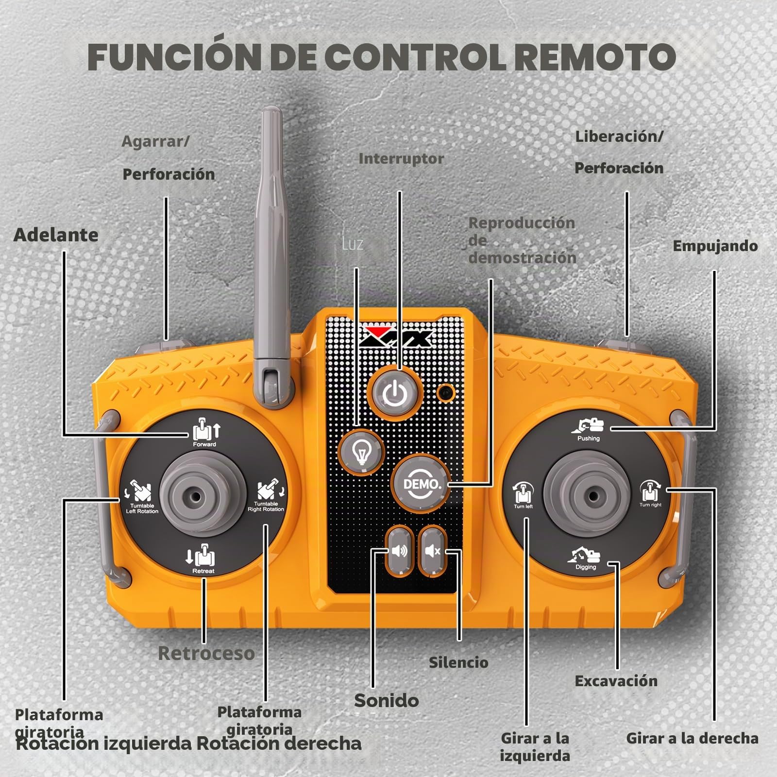 GraceDuck Excavadora Juguete RC 3 en 1 de Control Remoto 2.4GHz – Juguetes de Playa y Construcción con Pala de Aleación, Trituradora y Garra, Giro de 680°, Vehículo de Obra para Niños de 6 a 12 Años