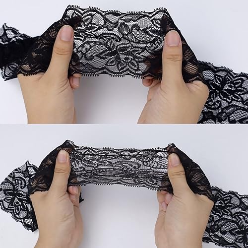 Miniatura 4 de Cinta elástica de encaje negro de 10 yardas, patrón floral, tela elástica para costura, ropa, manualidades y envoltura de regalos