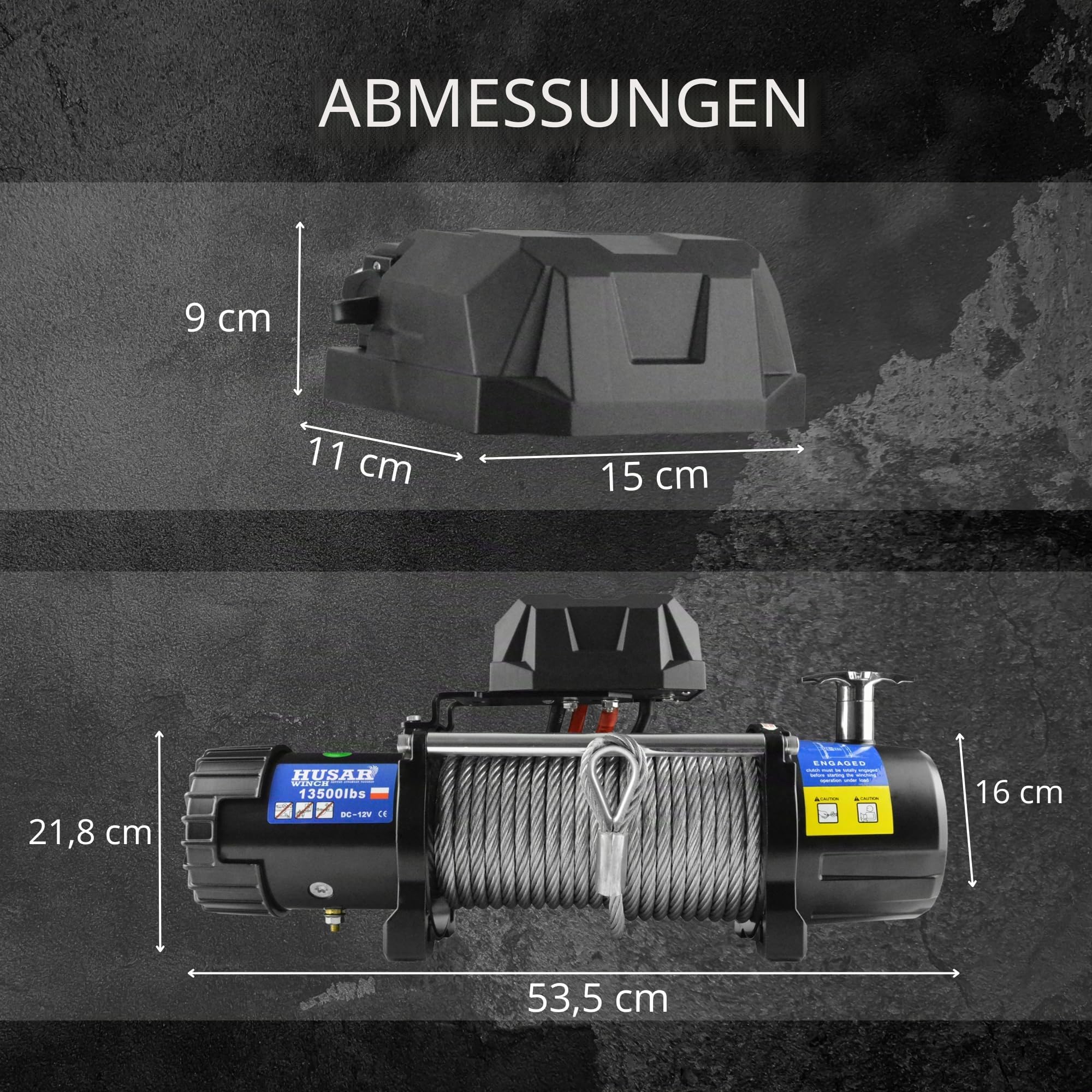 Elektrische Seilwinde 13500 lbs | 6124 kg 12V mit Stahlseil 22 m x 9,5 mm, Funkfernbedienung, 3-stufiges Planetengetriebe, ideal für Geländefahrzeuge, 4x4 Fahrzeuge, OFF-ROAD