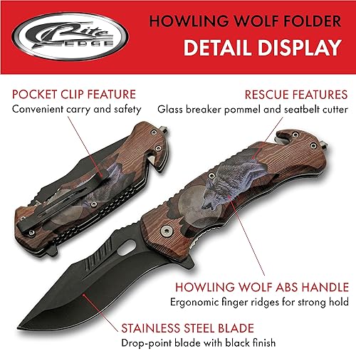 Miniatura 2 de SZCO Supplies Cuchillo plegable de rescate con bloqueo abierto asistido de 8 pulgadas con estampado de lobo, multicolor, (300556-WF)