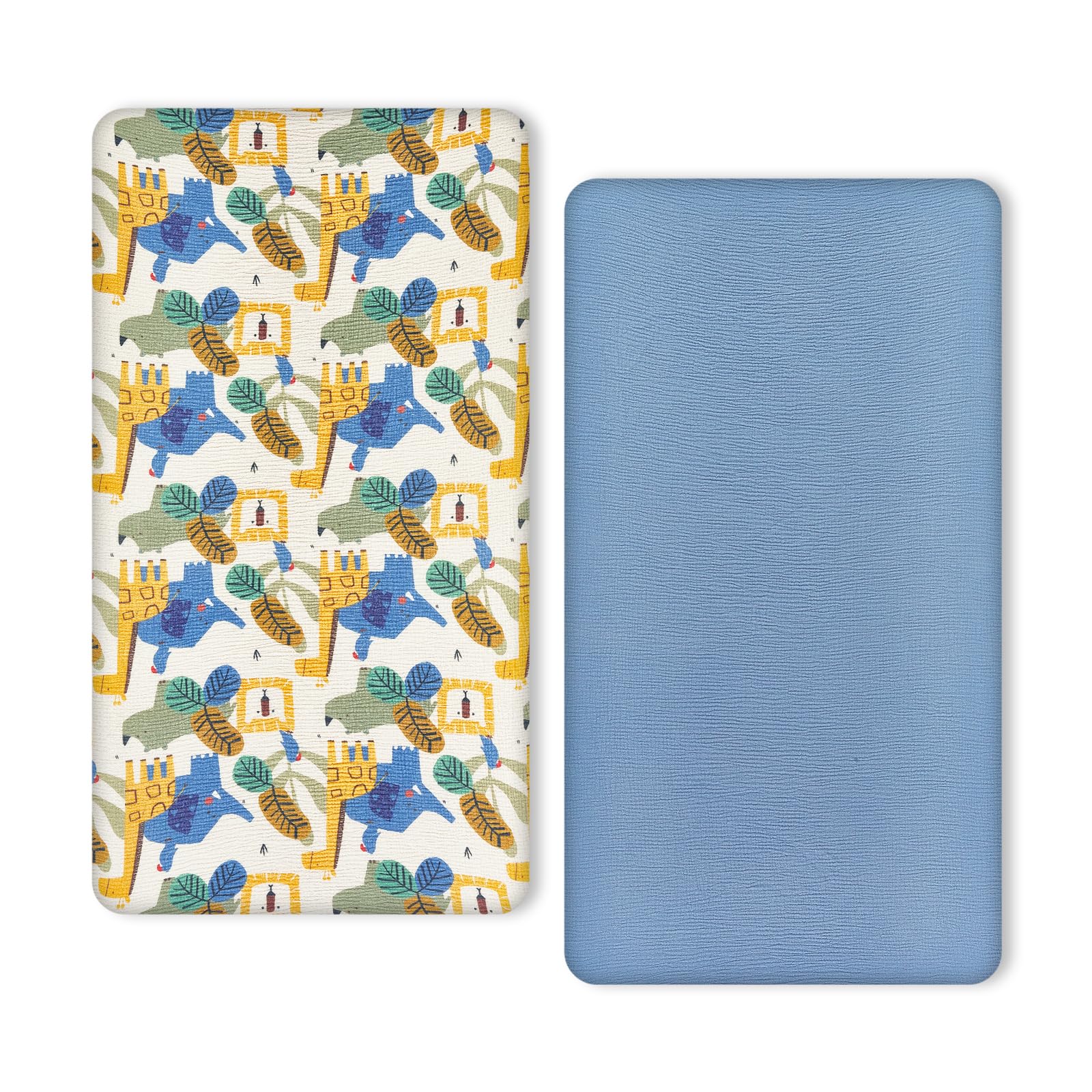 TILLYOU Muslin Crib Sheets for Boys and Girls 2 Pack, Neutral Soft Cotton Baby Crib Mattress Protector, for 52x 28 Toddler Bed, Animal Geometry & Blue