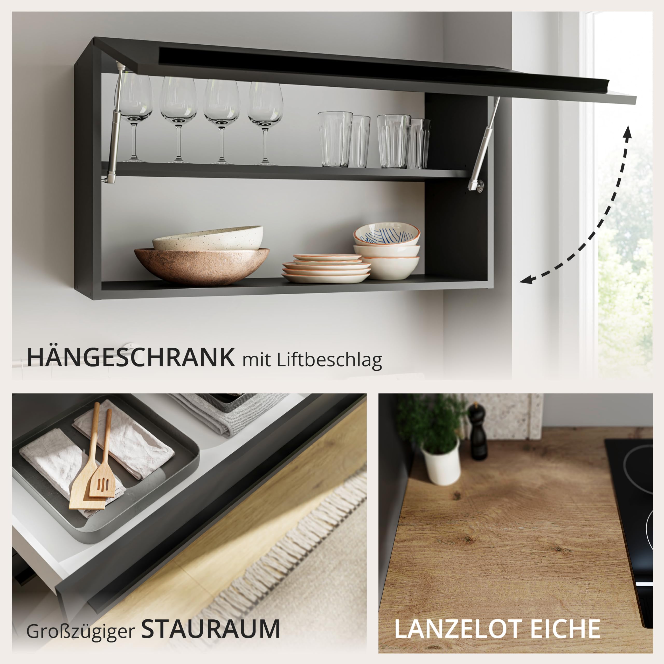 84-131-18 JAZZ Küchenblock Küchenzeile Schwarz ohne Geräte ca. 260 x 200 x 60 cm | Küchenblock mit Arbeitsfläche und offenem Ablagefach, Umbauschrank für Backofen auf Brusthöhe, Küche ohne Elektrogeräte