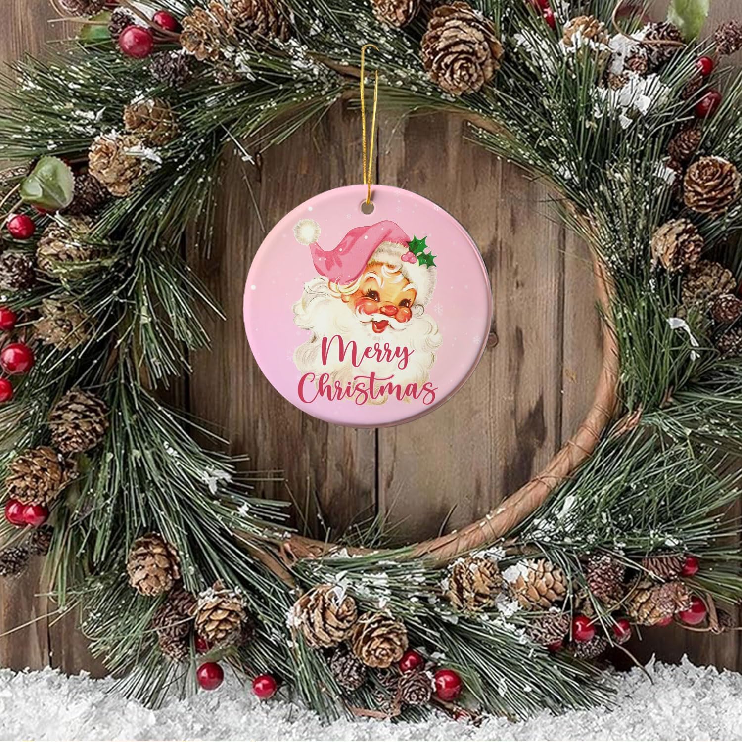 Vintage Santa Ornaments for Christmas Tree - Pink & Merry Decorative Hanging Ornaments - Image 5