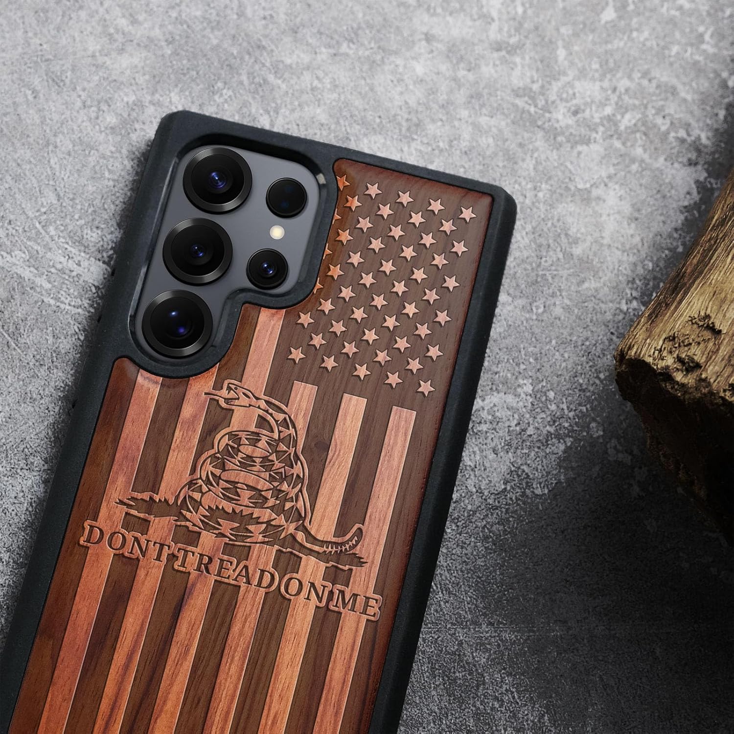 Carveit Magnetic Wooden Case for Samsung Galaxy S25 Ultra Case 2025, TPU Shockproof Cover & Wood Artisan Engraved, Compatible with MagSafe Wireless Chargers (Gadsden and American Flag) Rosy