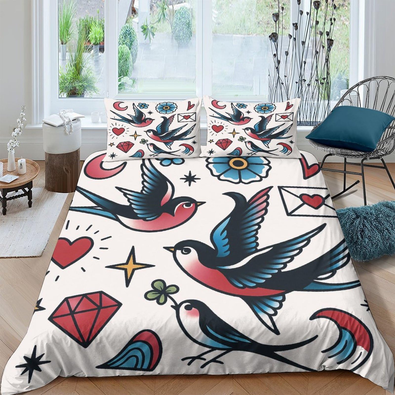 Ctjqhvkz Style-10 3D Printed Swallow Tattoo Fitted Sheet Microfiber Soft Red Heart Retro Bed Cover For Bedroom Dorm Mattress Protection Decor Single（135X200cm）