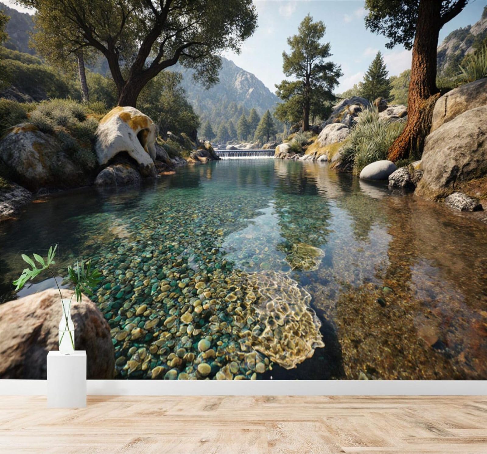 XLMING Clear River Trees Rocks Waterfall Scenery 3D Wallpaper Premium Textured Silk Study Dining Living Room Bedroom Sofa TV Wall Easy Install-400cm×280cm