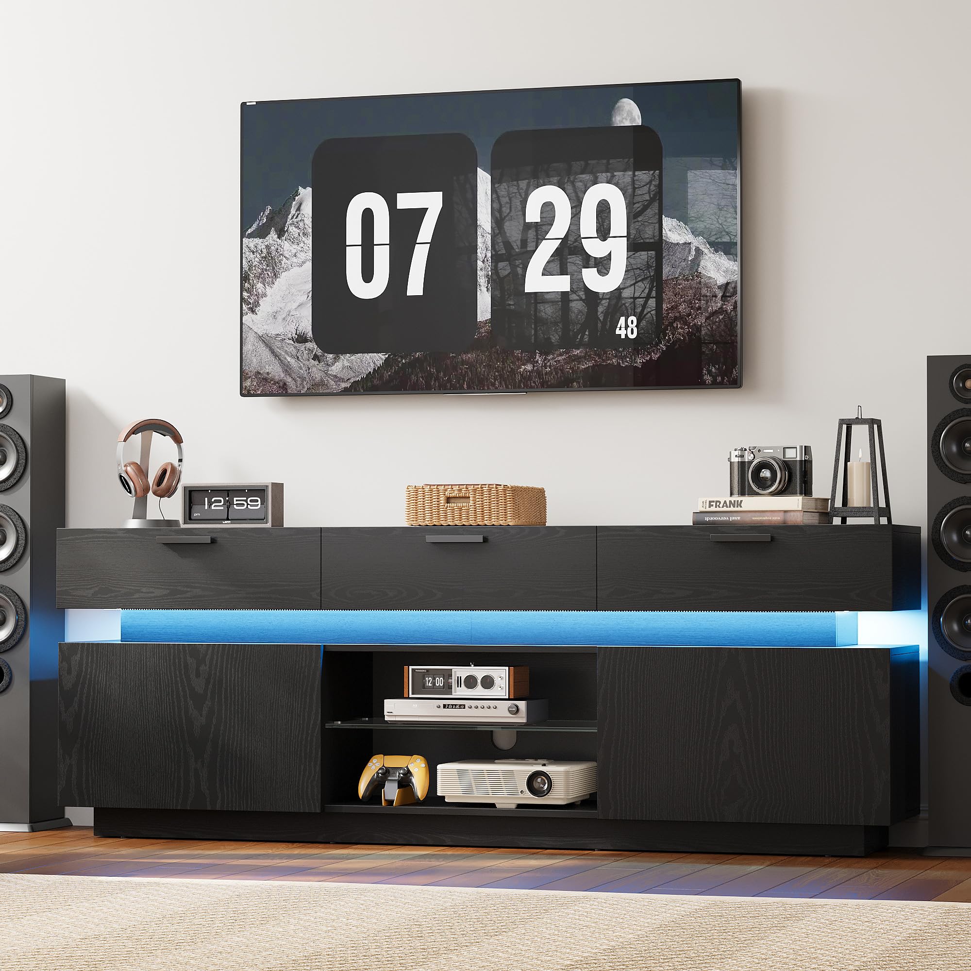 LIKIMIO Black TV Stand for TVs 85 inch, Entertainment Center with Power Outlets & LED Lights, TV Media Console Table with Cabinets, Drawers and Open Storage Shelves, Modern TV Stand for Living Room