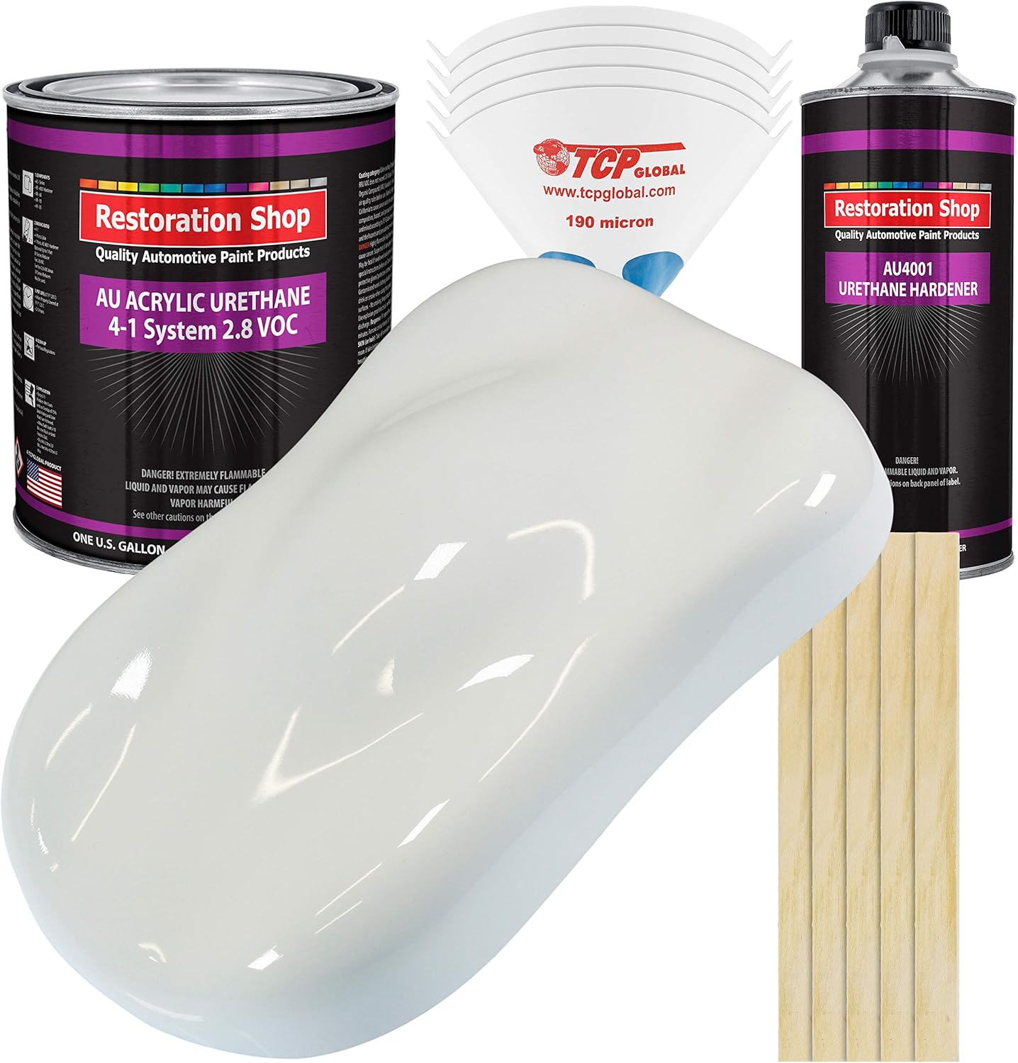 Restoration Shop - Pure White Acrylic Urethane Auto Paint - Complete Gallon Paint Kit - Professional Single Stage High Gloss Automotive, Car, Truck Coating, 4:1 Mix Ratio, 2.8 VOC
