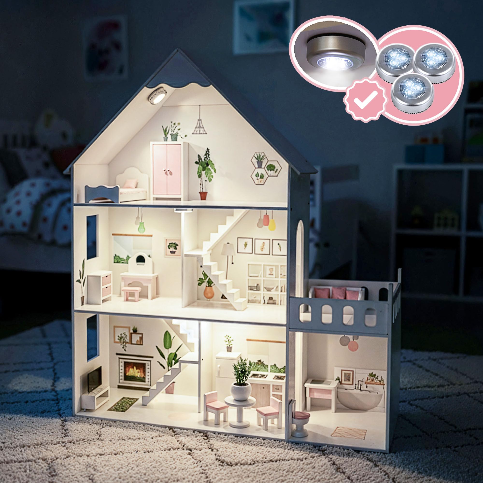 Barbie Casa de muñecas de madera grande 118 cm – Kinderplay 3 pisos casa de muñecas para niños con muebles, luz LED, pegatinas y accesorios – Casa de juegos de madera moderna regalo a partir de 3 años