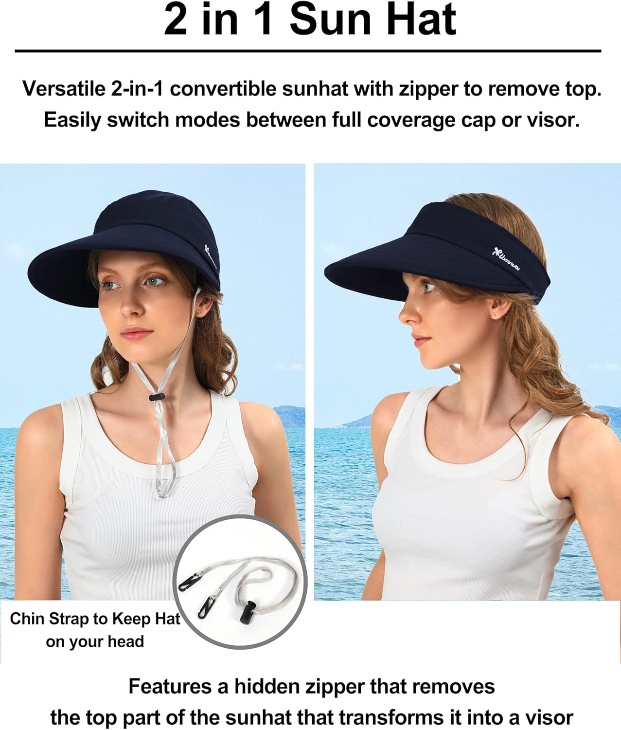 Sun Hats for Womens Wide Brim Visor UV Protection Dual Purpose Hat for Beach Summer Packable Cap - Image 2