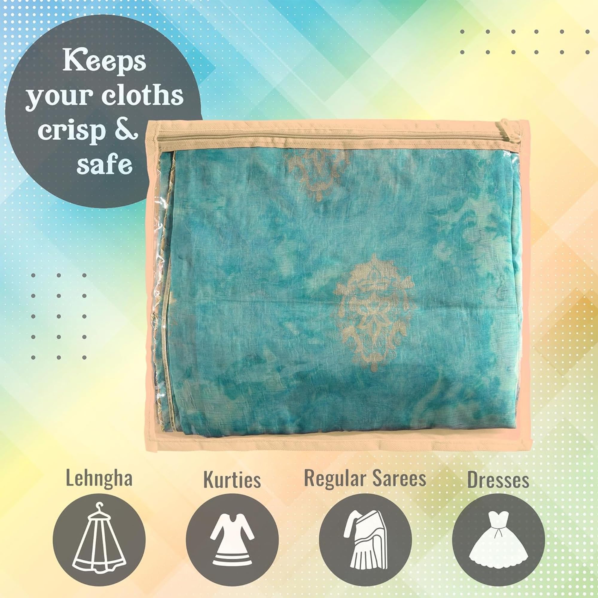 Kuber Industries Paquete de 48 fundas para sari | Bolsas de embalaje para vestido con cremallera | Bolsas de sari para almacenamiento | Organizador de ropa para armario | Beige