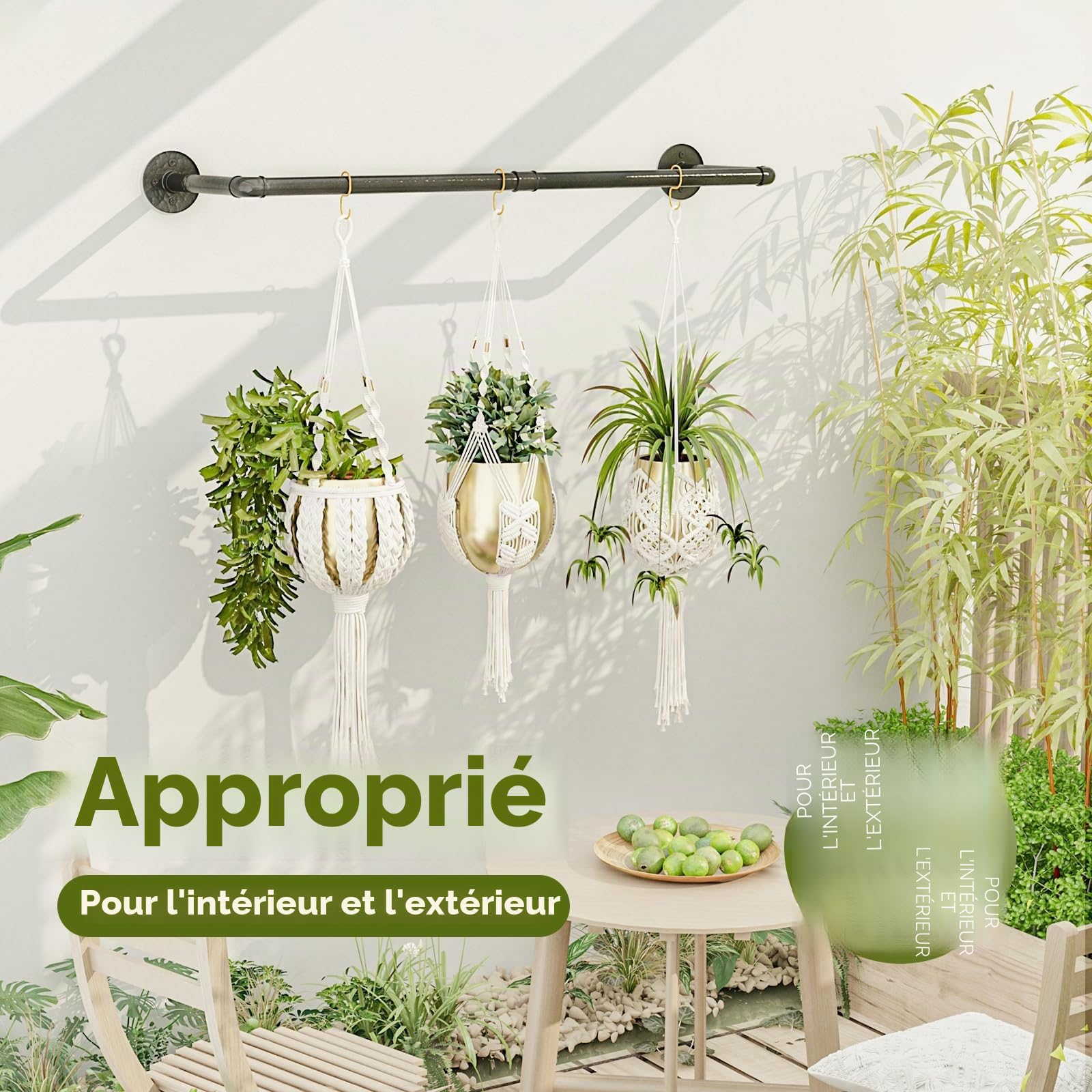 Bamworld Porte-Plantes Suspendues 92 cm Tringle Murale Métal