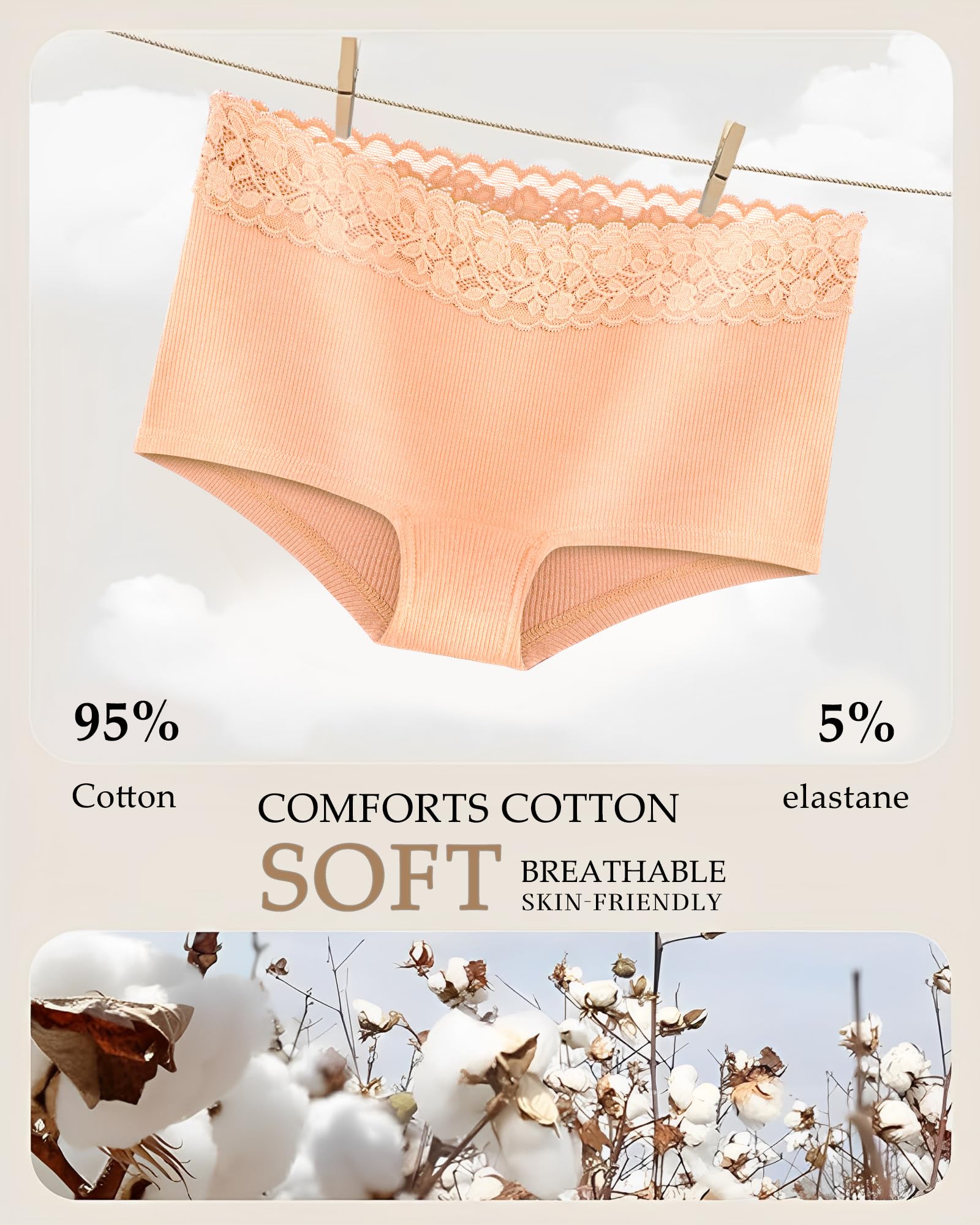 FINETOO Biancheria intima in cotone per donna ragazzo pantaloncini boxer in pizzo morbido copertura completa mutandine da donna 5 pezzi S-XXL