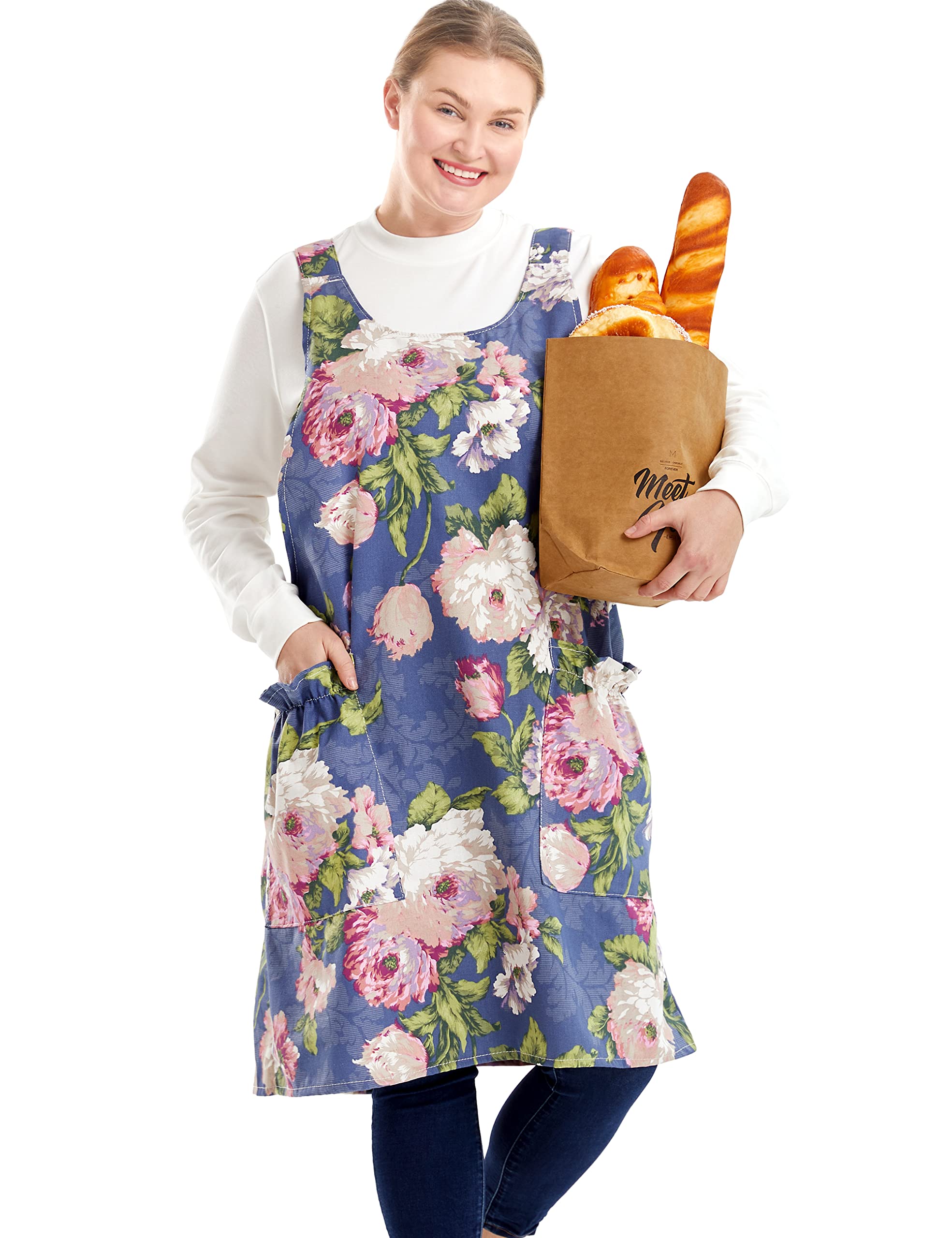 Apronner Women's Colorful Peonies Big Plus Size Aprons For With Pockets Cotton Linen Baking Kitchen Cooking, Large