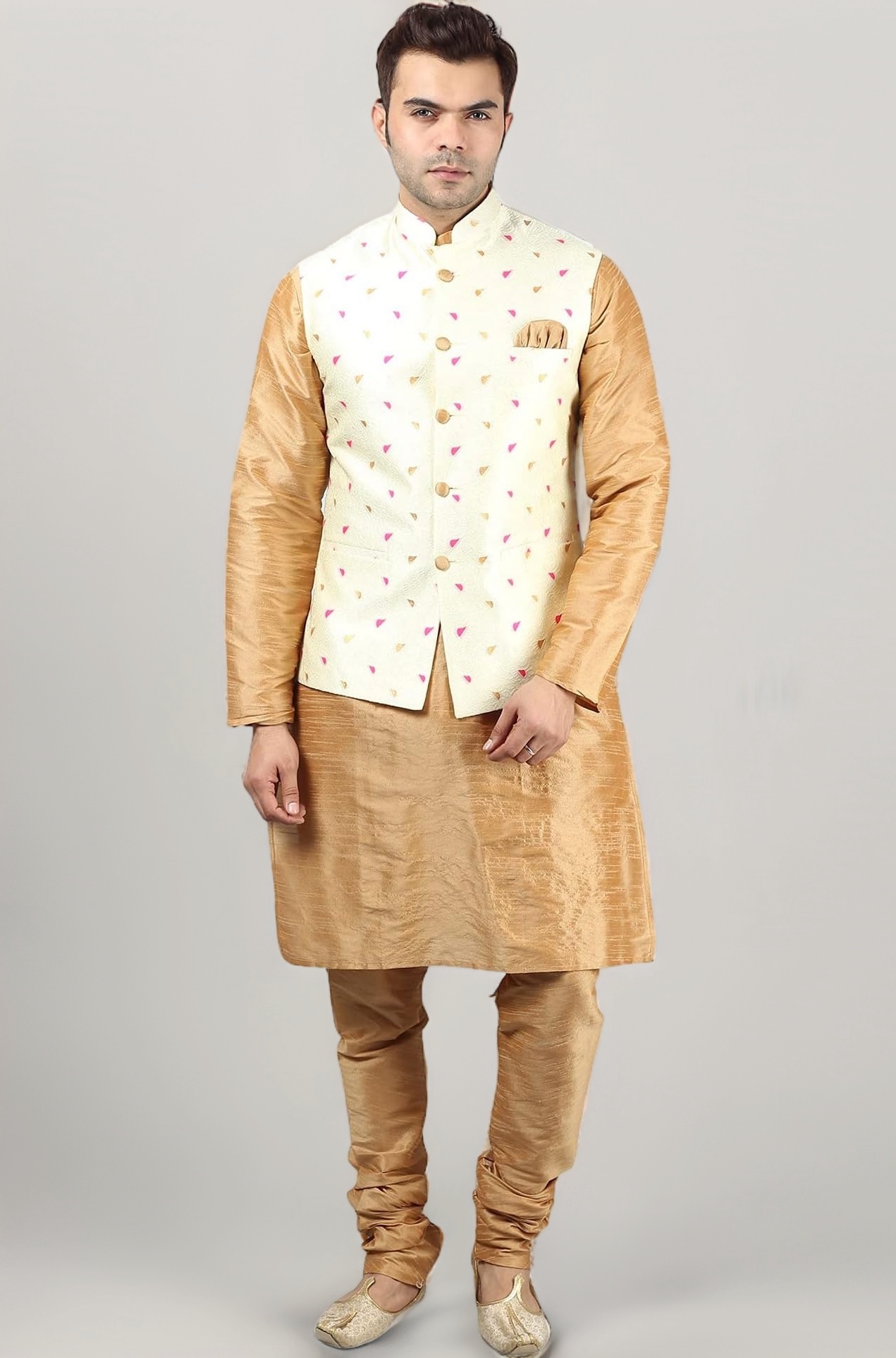Uri and MacKenzie Men's Silk Blend Regular Kurta Churidar Pyjama with Bundi Nehru Jacket/Waistcoat