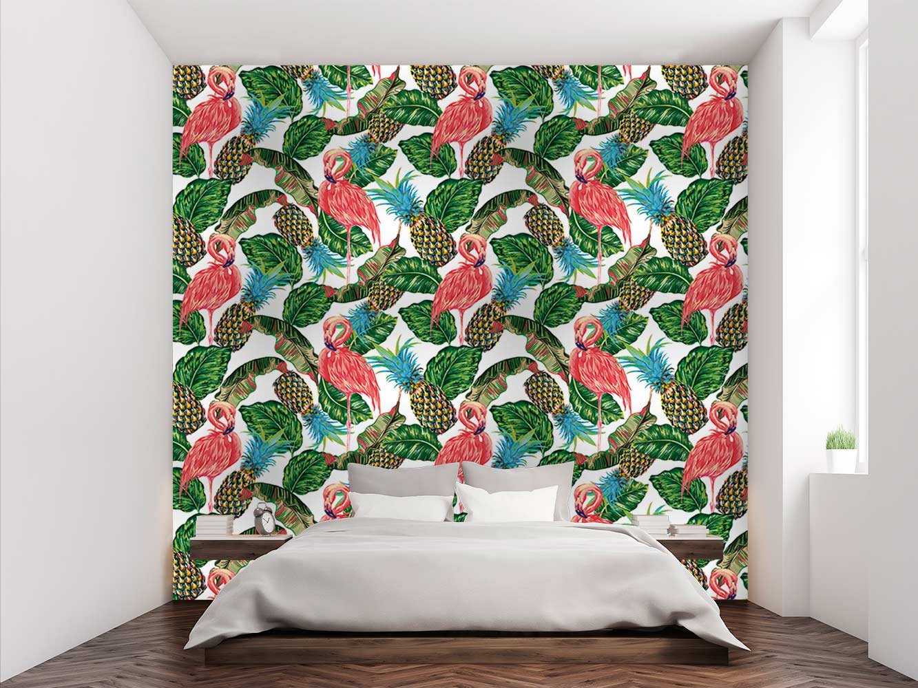 Oedim Papel Pintado Pared Estampado de Flamencos Piñas Pajaros Exoticos y Hojas Tropicales | Fotomural para Paredes | Mural | Vinilo Decorativo | 200 x 150 cm |