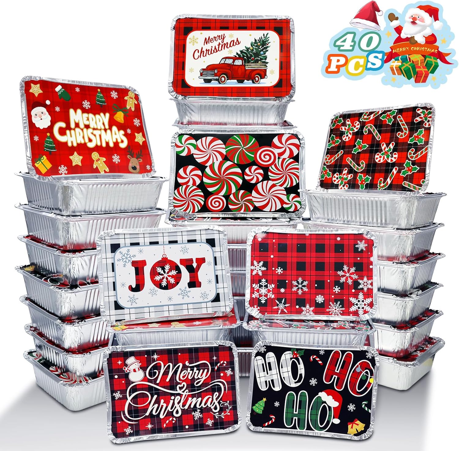 40 Pieces Christmas Foil Containers with Lids,9 Holiday Designs,7"x5"x2" Rectangular Treat Foil Containers,Disposable Cookie Tins Storage Pans for Winter Holiday Gift Giving Party Supplies