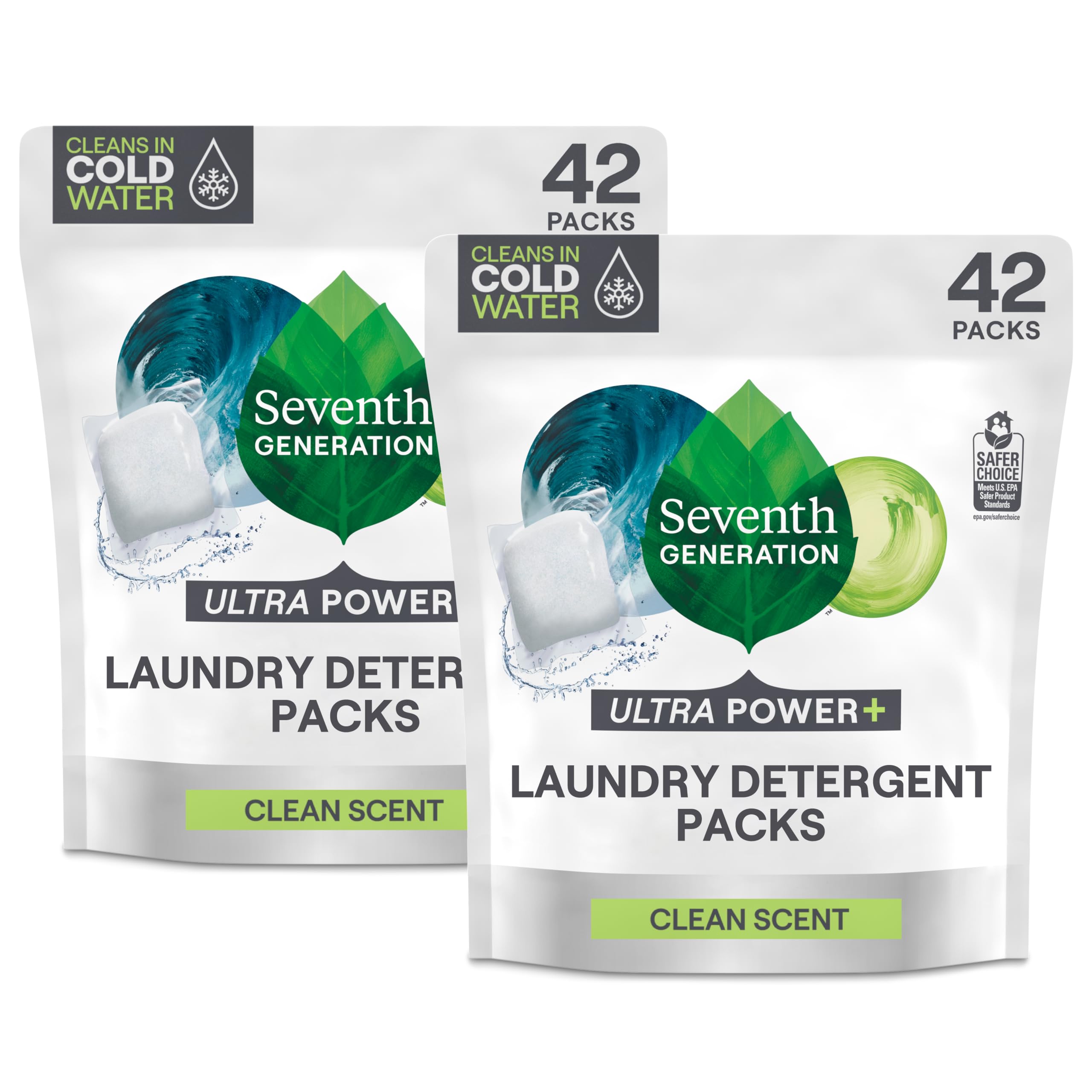 Seventh Generation Laundry Detergent Packs, Ultra Power+, Clean Scent, EPA Safer Choice Certified, 84 Loads (2 pouches, 42 Ct EA)