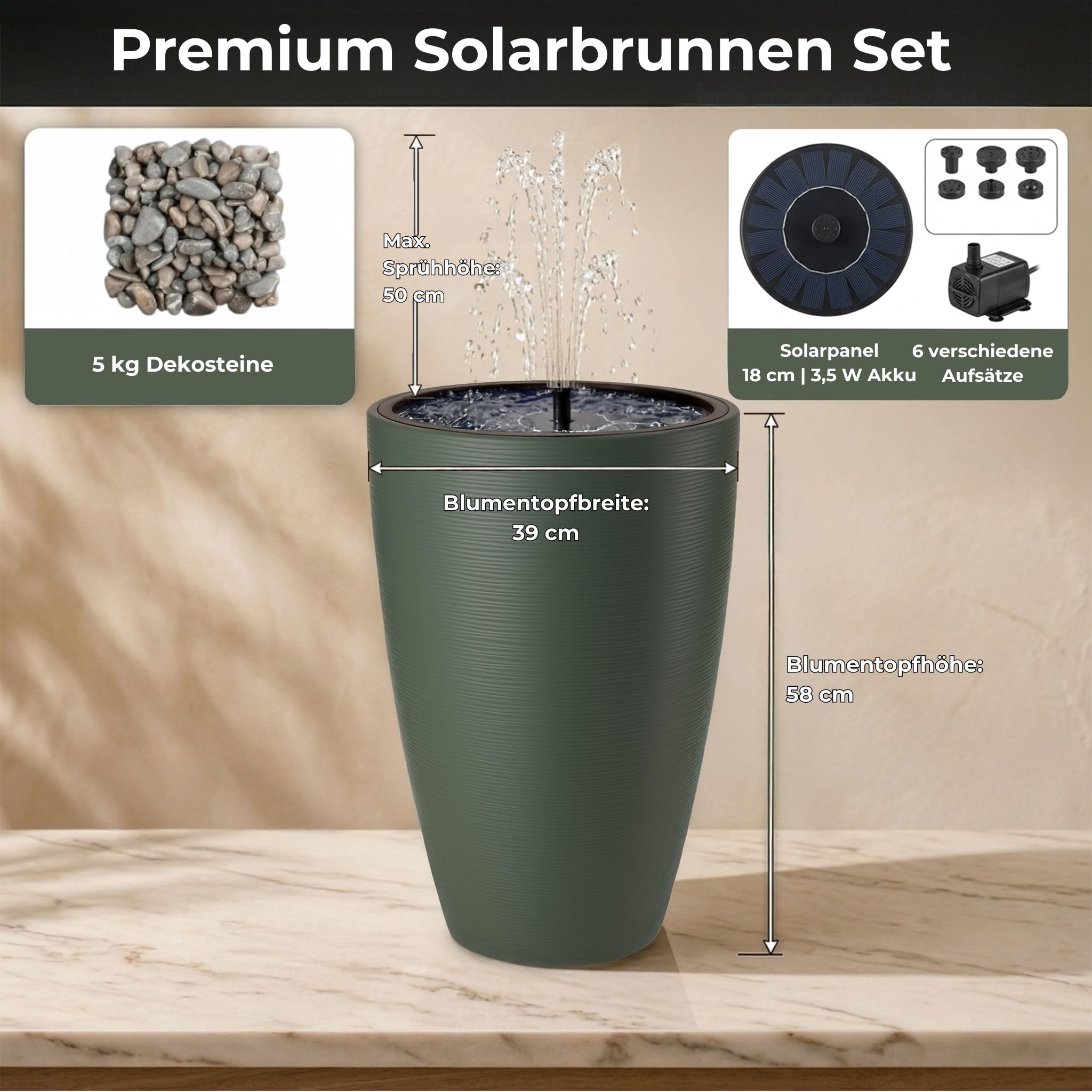 Fontana solare Premium con batteria, vaso verde tè Ø 39 x 58 cm, fontana da 3,5 W e pietre decorative