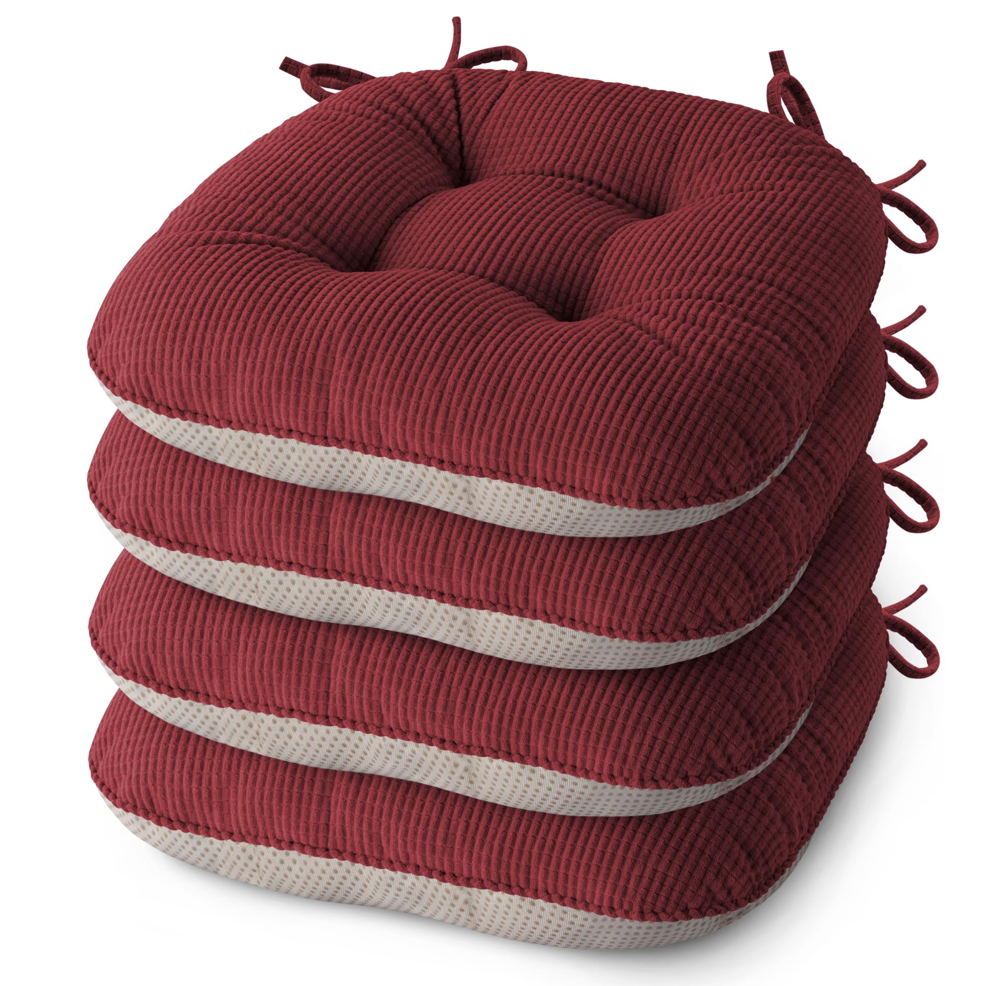 Innenbereich-Sitzkissen für Esszimmer, 4er-Set, rutschfeste Sitzpolster mit Bändern, geftütete Sitzkissen, 43X40X7.5cm/17"X16"X3", Rot