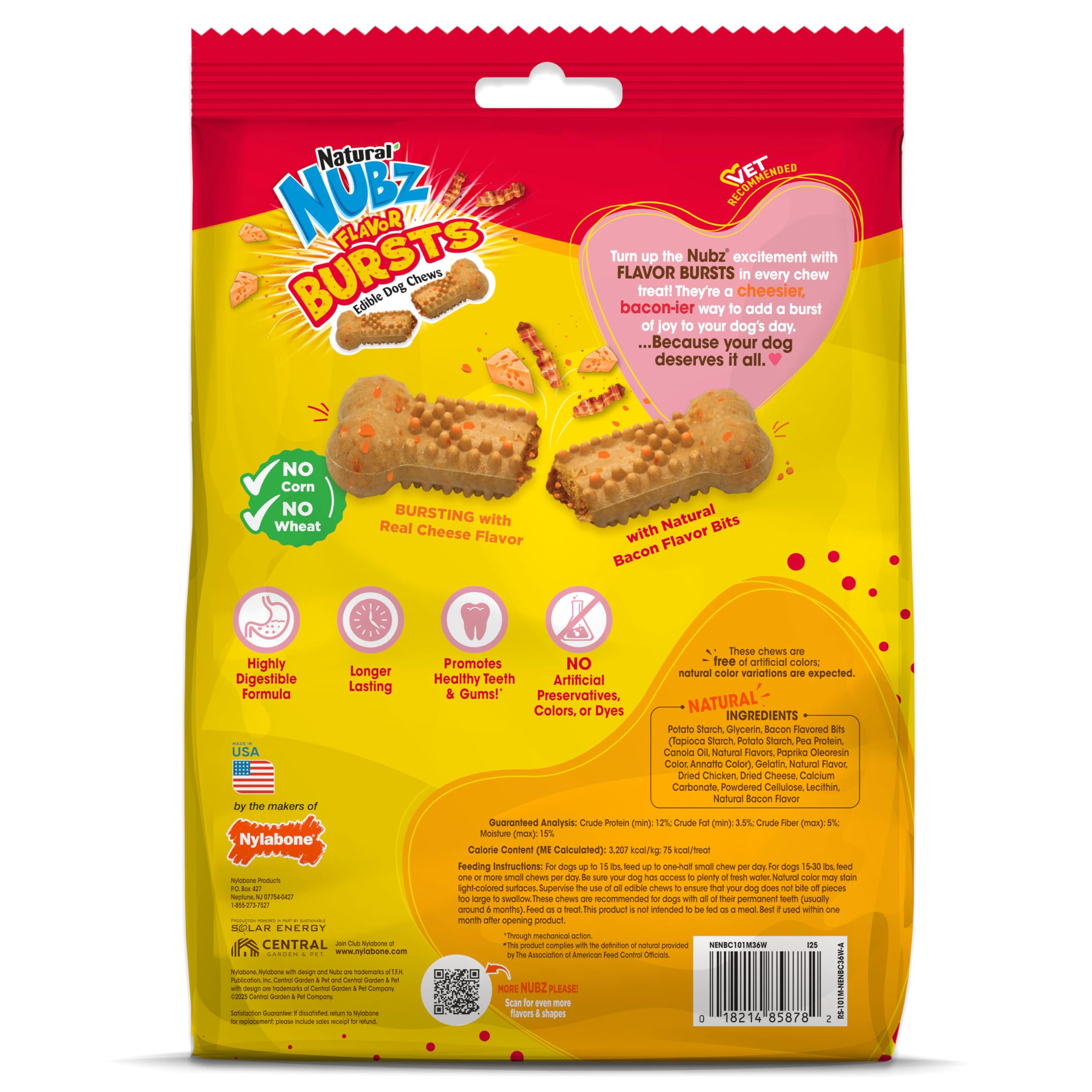 Nylabone Nubz Flavor Bursts Naturalna żucia dla małych psów, długotrwałe kości do żucia, wyprodukowane w USA, smakołyki dla psów bez zbóż, smak bekonu i sera