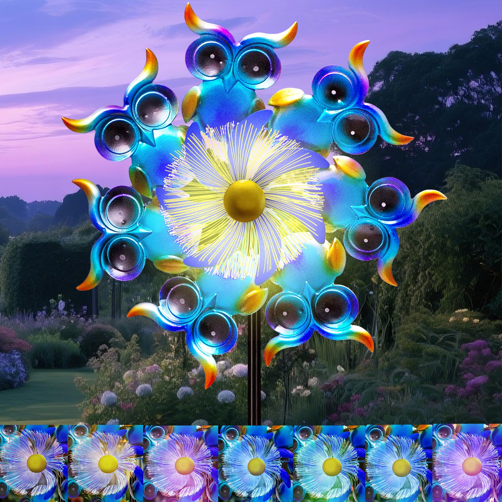 GIBMIDSER Solar Owls Wind Spinners for Yard and Garden,51 Inch Solar Windmill Seven Color LED Light Whirligig Kinetic Spinner to Scare Birds Decor for