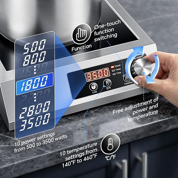 3500W Commercial Induction Cooktop with Knob and LCD | Stainless steel,10-level power control,quiet cooling,countertop,for home chef and catering