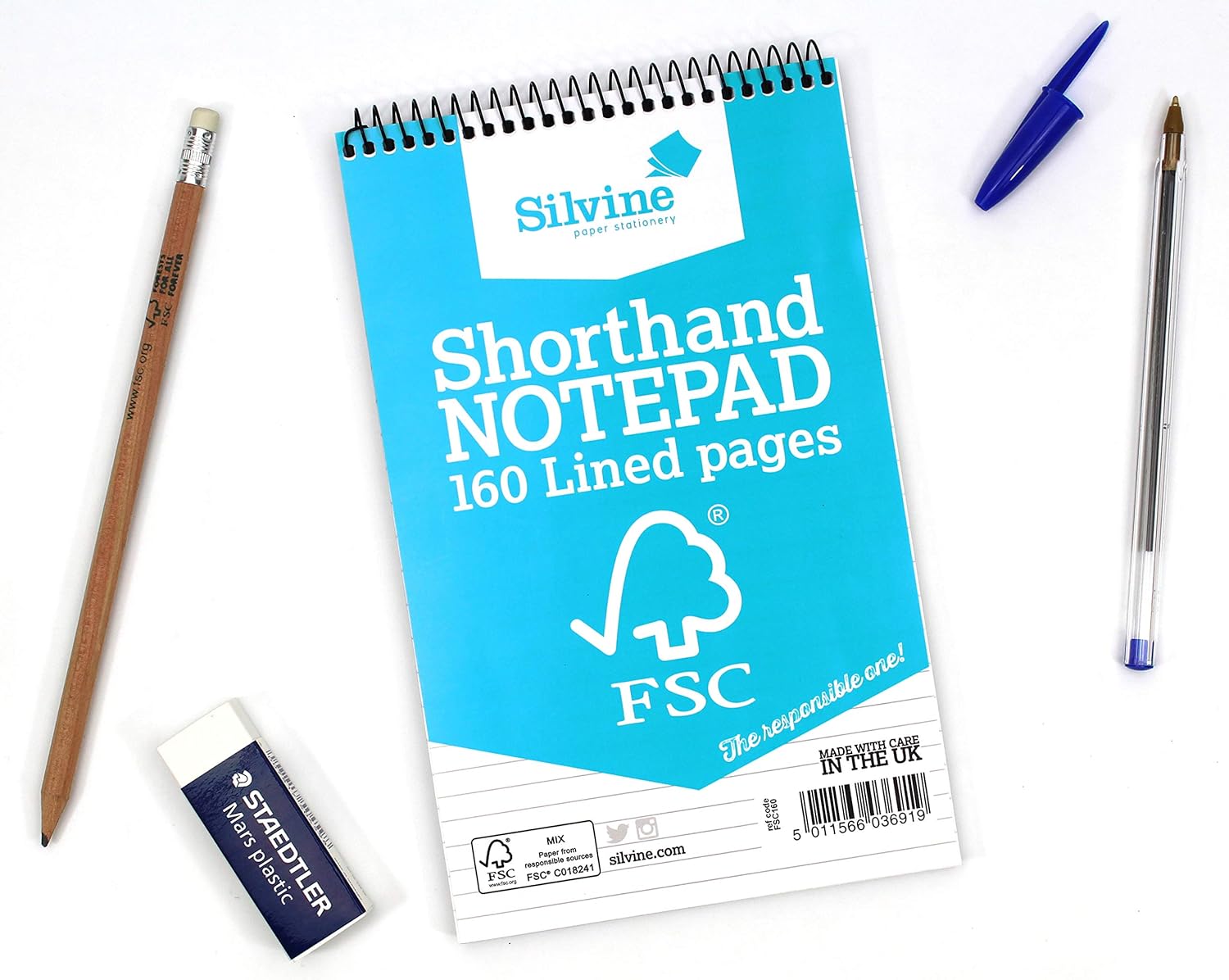 Silvine 8x5 Everyday FSC Shorthand Notebook - Ruled 8mm Feint, 160 Pages of FSC Certified Paper. Ref FSC160