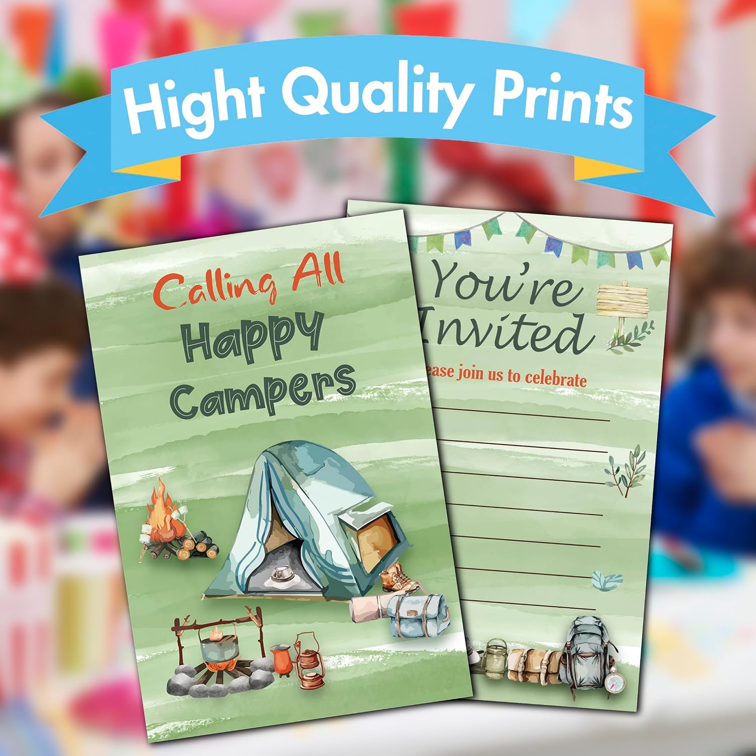 Camping Theme Birthday Party Invitation Cards With Envelopes, Party Invitations for Boys Girls Teens Campers, 30PCS Double Sided Bonfire Themed Invites