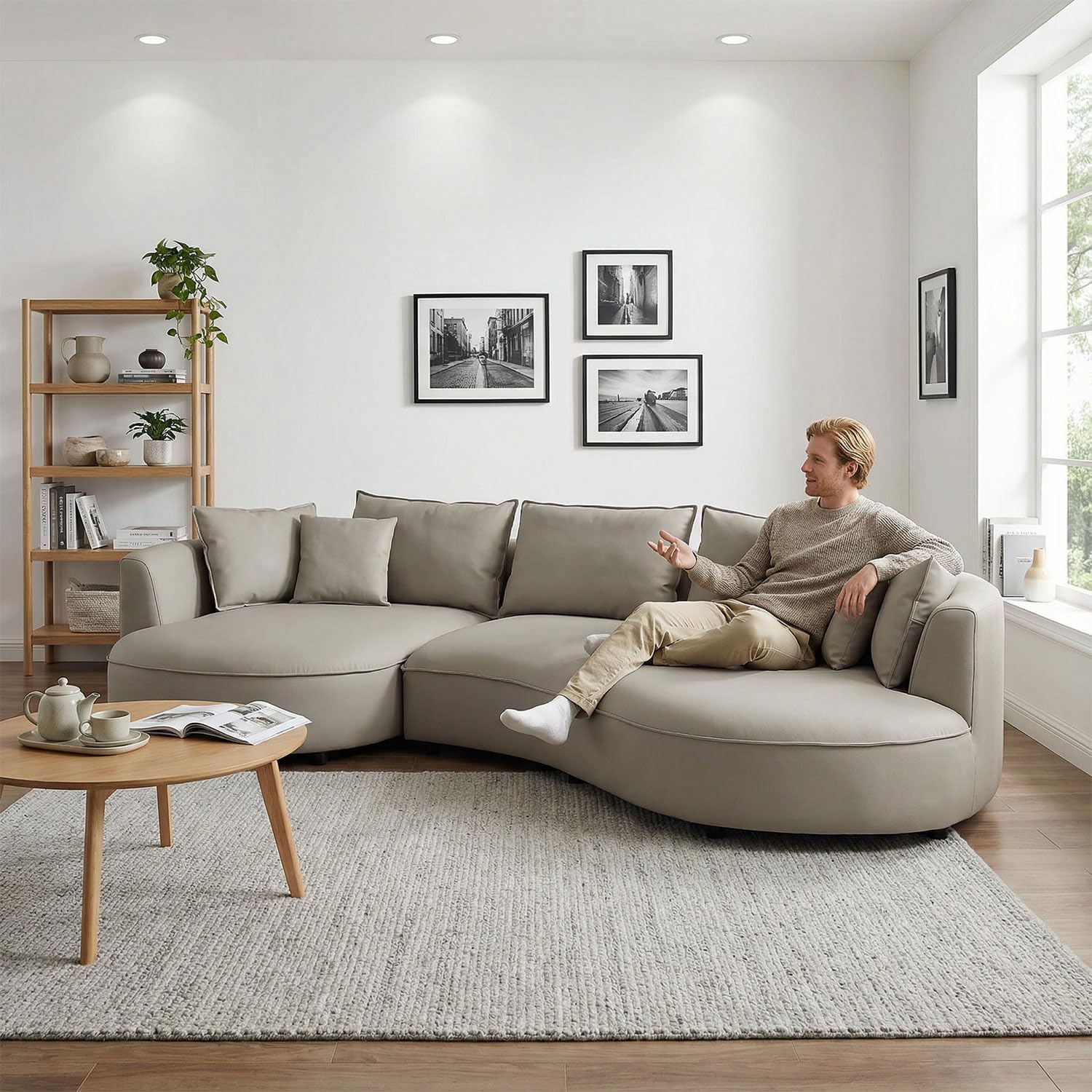 128.74" Leather Curved Sofa, Modern L-Shape Cloud Couch Luxury 5-Seat Sectional Sofa Couch with Left Facing Chaise for Living Room Home Apartment Office (Light Grey)