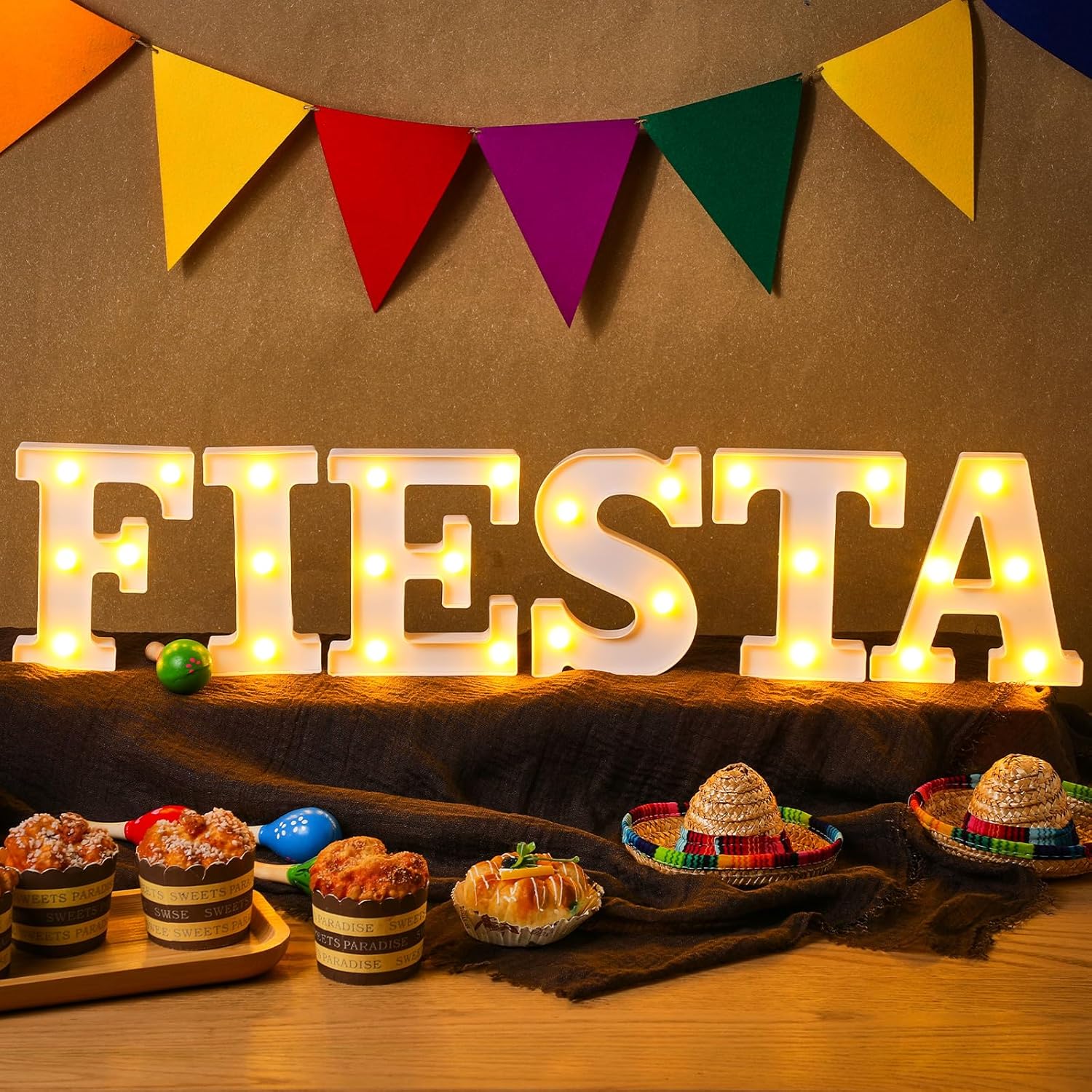 Honoson 6 Pcs Fiesta Mexican Party Decoration Fiesta LED Lights up Sign Cinco De Mayo Home Table Decoration for Mexican Themed Birthday Taco Party Supplies